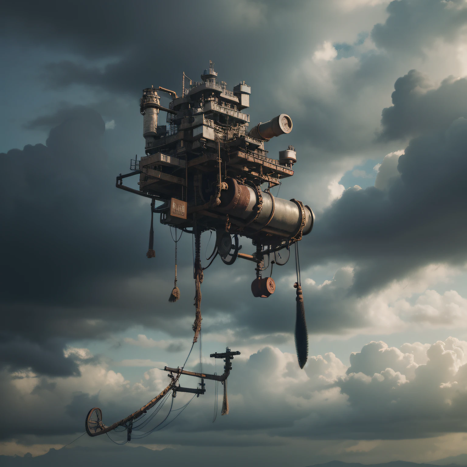 a heavily distorted, fading late morning heavily overcast sky, a singular object comprised of contorted feathers/machinery/pipes/rusted components is floating in the air, extra detail, 4kHD details, best resolution, surrealistic composition, extreme camera angle, motion blur, depth of field, foreshortening, tilted camera angle, cinematic lighting, movie scene, precise details, intense details