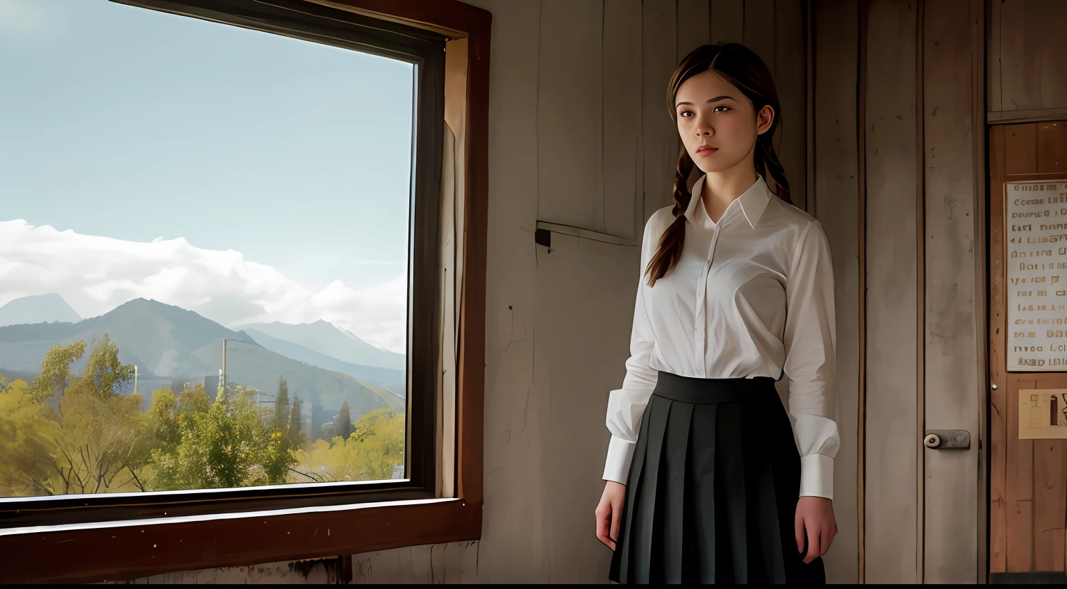 Beautiful young Ellen, cotton shirt, pleated skirt, dark tights, Uwabaki, from The Last of Us part 1, game, hyperrealistic, 14 years old, model body, small breasts, beautiful breasts, long hair, braided hair, long legs , 8k, detailed scenery, classroom, fire, sunlight sun, ambient lighting