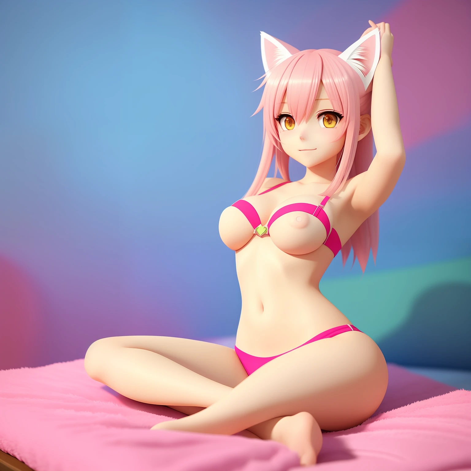 Anime - Style girl with pink hair and cat ears posing on blanket, very beautiful cute catgirl, Pink fox, beautiful young catgirl, 8K high quality detailed art, Very beautiful anime cat girl, Attractive cat girl, WLOP and Sakimichan, small curvaceous loli, trending on cgstation, beautiful anime catgirl, 3 d anime realistic，Hands up，Sit Pose，Enlarge your crotch，Raise both hands