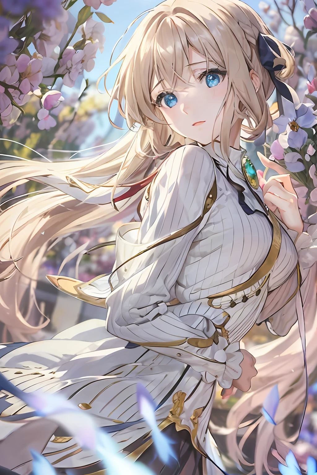 (Dynamic Angle: 1.3), Wind, Movie Highlight, Tyndall Effect, 1 Girl, Upper Body, Arms Up, Look at the Audience, Extreme Close Up, violet_evergarden, Solo, Jewelry, Expressionless, Brooch, blonde_hair, ( Vevry Long Hair: 1.2), messy_hair, Floating hairlong_sleeves, Ribbon, blue_eyes, Jacket, Dress, Gemstone, hair_ ribbon, sky, depth_of_field, flower fields, fluttering petals