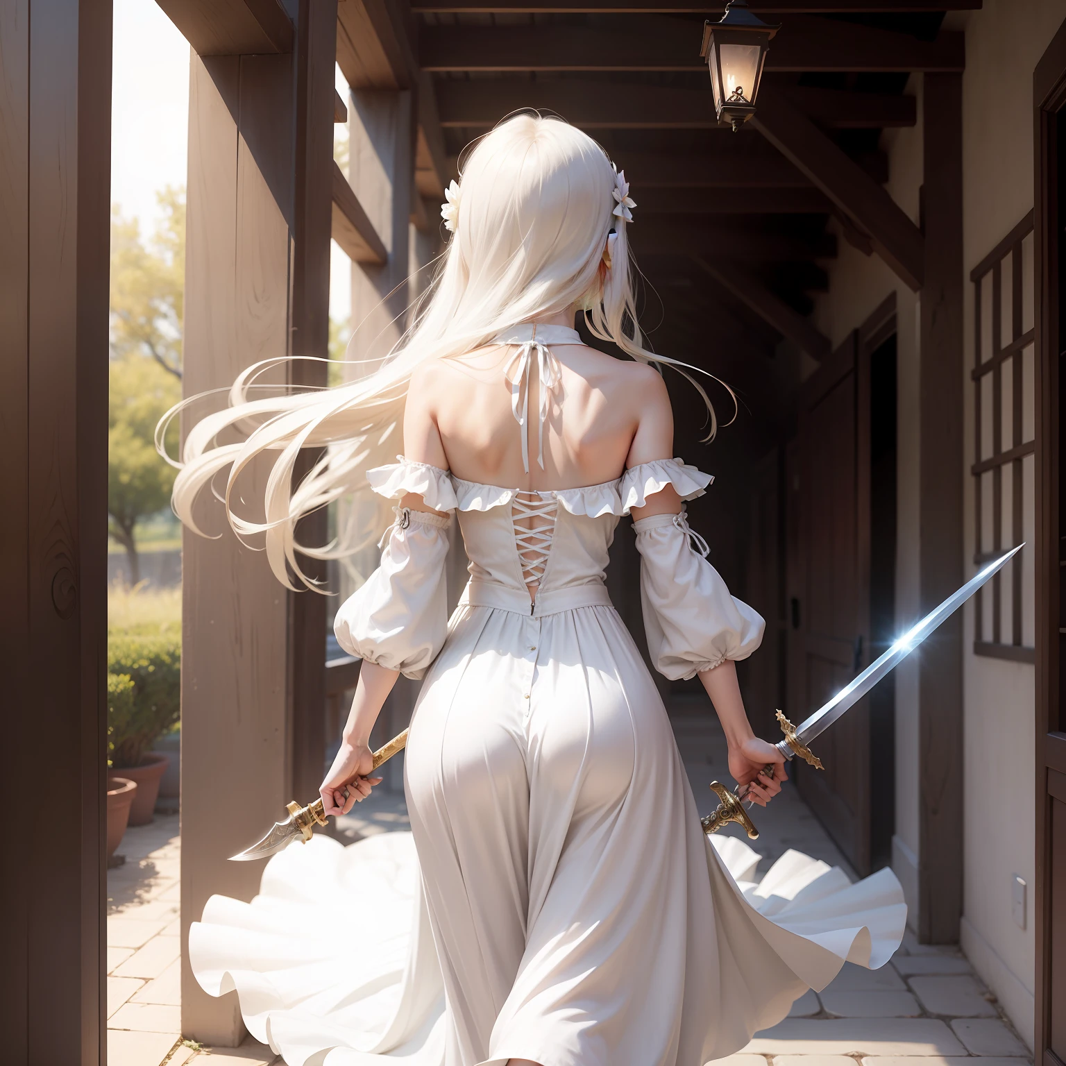 Ancient wind，Chivalrous，Girl with sword，back，White clothes fluttering，without showing face