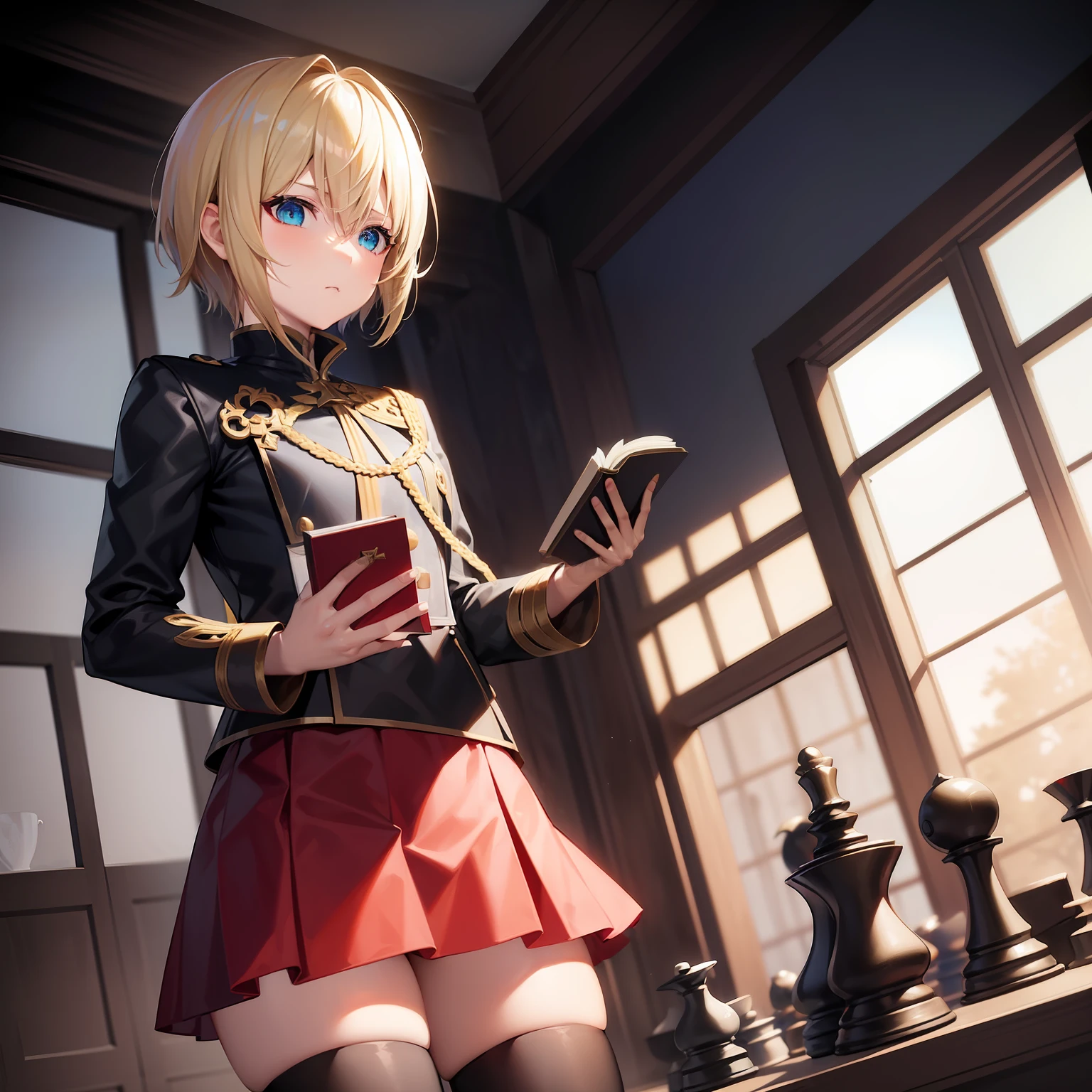 blonde hair girl, short haircut, timid expression, Cyan Eyes, Final Fantasy Type-0, Zero Class outfit, black uniform, chess skirt, holding a book, Little red cape, 4k, Final Fantasy