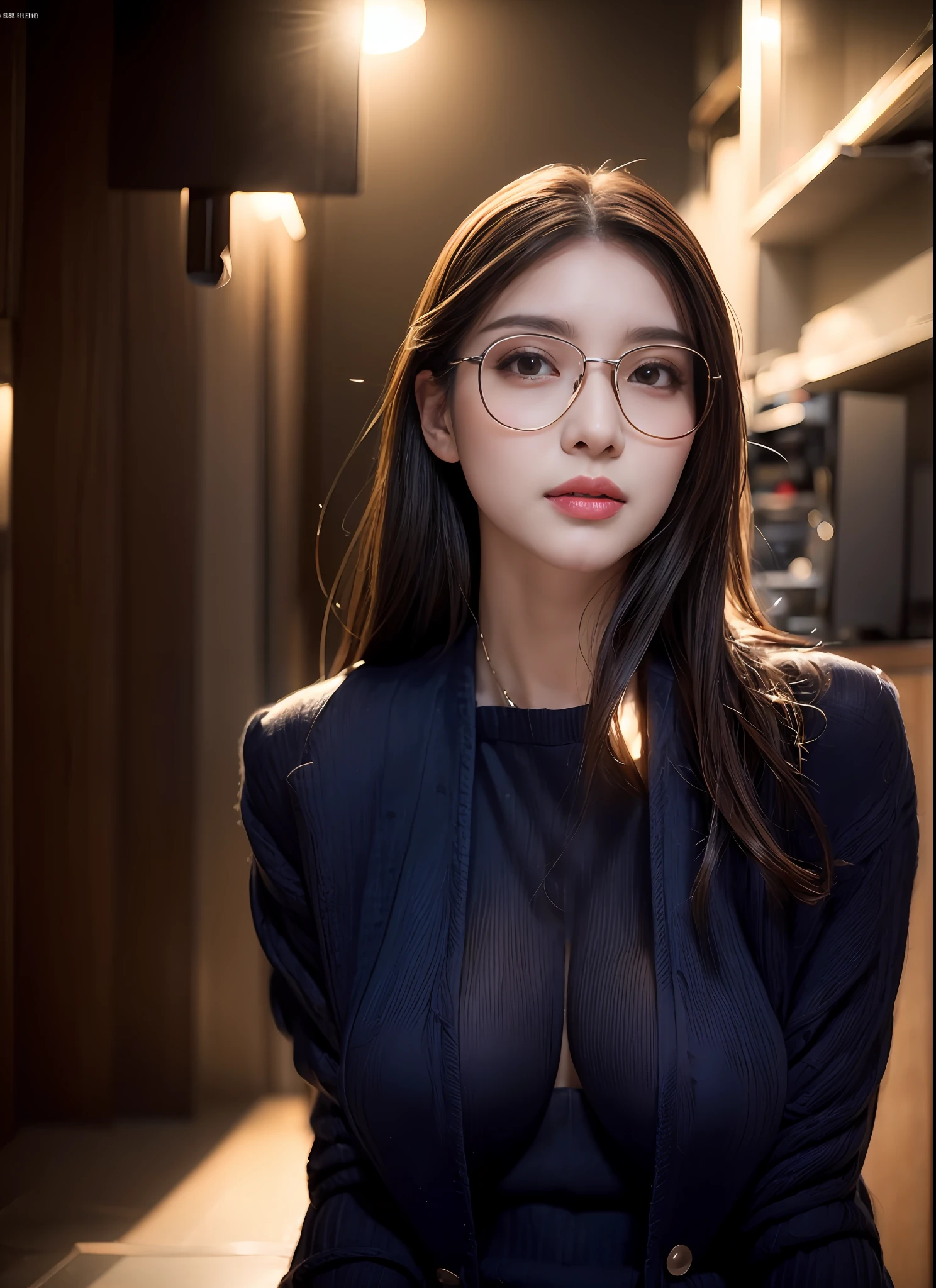 18 years old girls,Perfect face and,cute clothing,slim and slender physique。The skin has detailed and highly detailed eyes(1.1 emphasis),Very detailed skin texture(1.1 emphasis)。Elongated necklace,Model photo style,realisticlying,skin texture is real human skin texture,Detailed Skin Pore,Complicated details,The eyes are very detailed,kneesup,Attractive and sexy chibi,ssmile,,Eat parfait at a café,sitted,Dark blue turtleneck knit sweater,black long pants,coffeehouse,Medium chest,tit,areola of breast,full bodyesbian,Full-body photography,Full body photography,Full body like,Slim waistline, Tempting, 独奏, slutty, ((Topless)), (Realistic, photograph realistic:1.37), Cinematic light