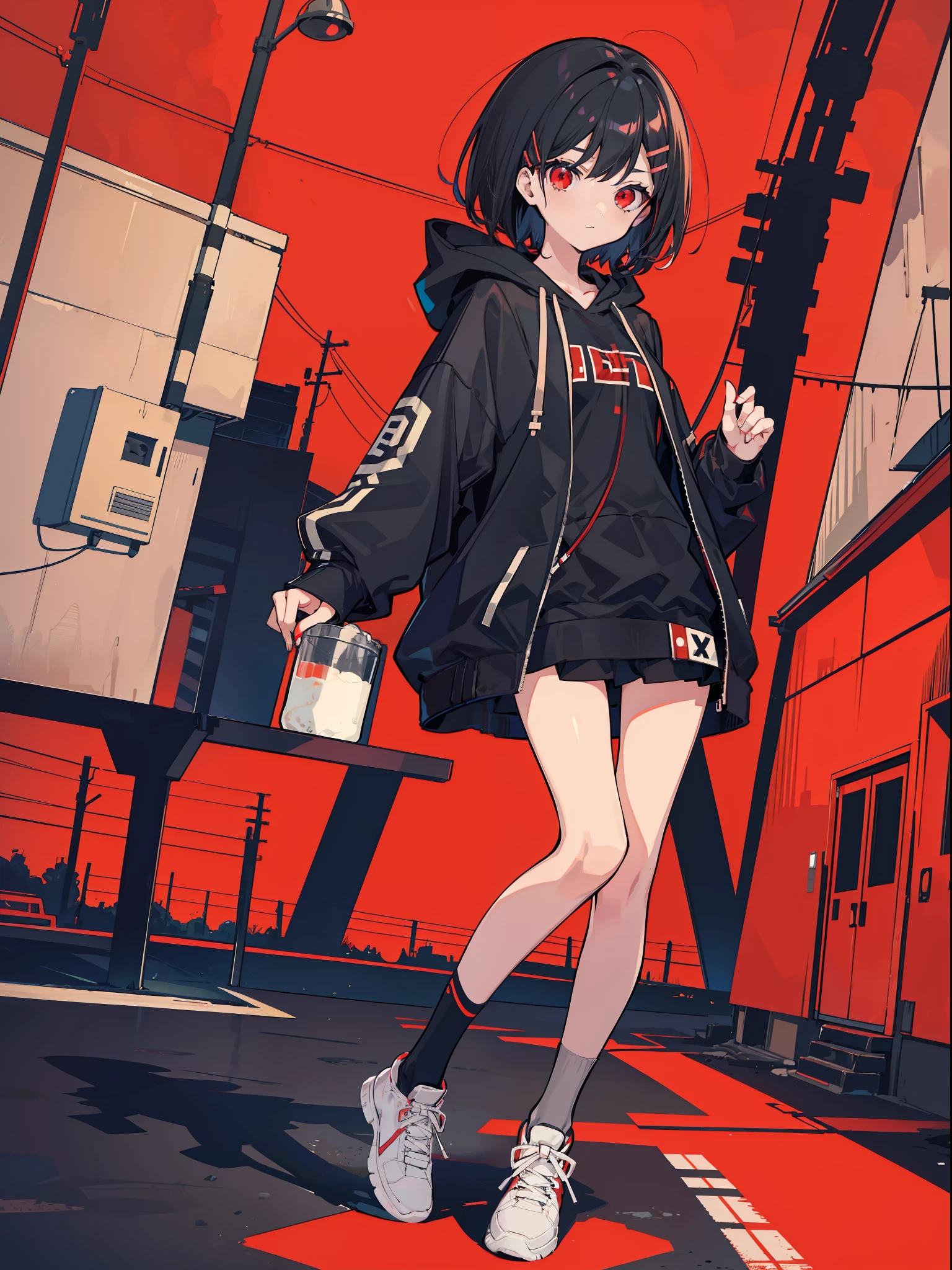 zettai ryouiki, Hoodie,short hair, Black hair, Flat chest, 1girl, Red eyes,teens girl,hair pin,Solo, Morning,full body, highres