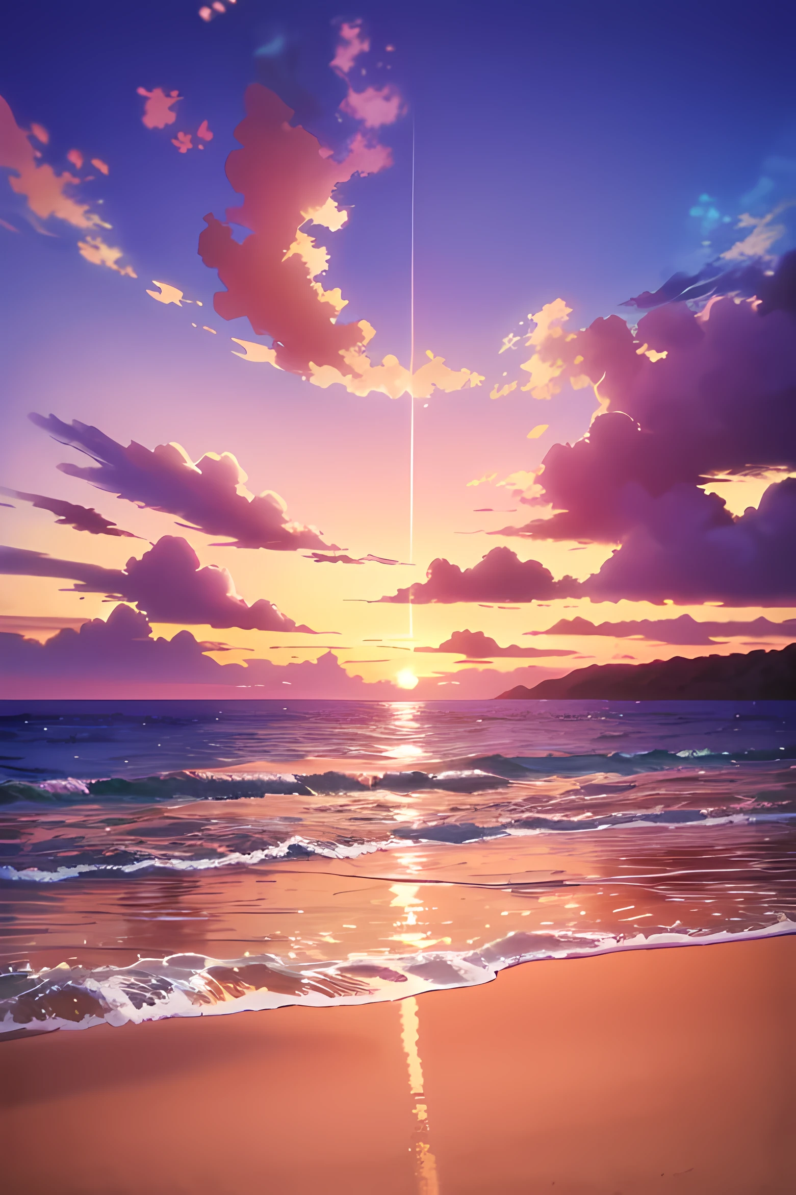 An absolutely mesmerizing sunset on the beach, with a mix of orange, pink, and yellow in the sky. The water is crystal clear, gently kisses the coast, and the white sand is endless. The scene is dynamic and breathtaking, with seagulls soaring high in the sky and palm trees swaying softly. Immerse yourself in the calm atmosphere and let the serenity surround you.