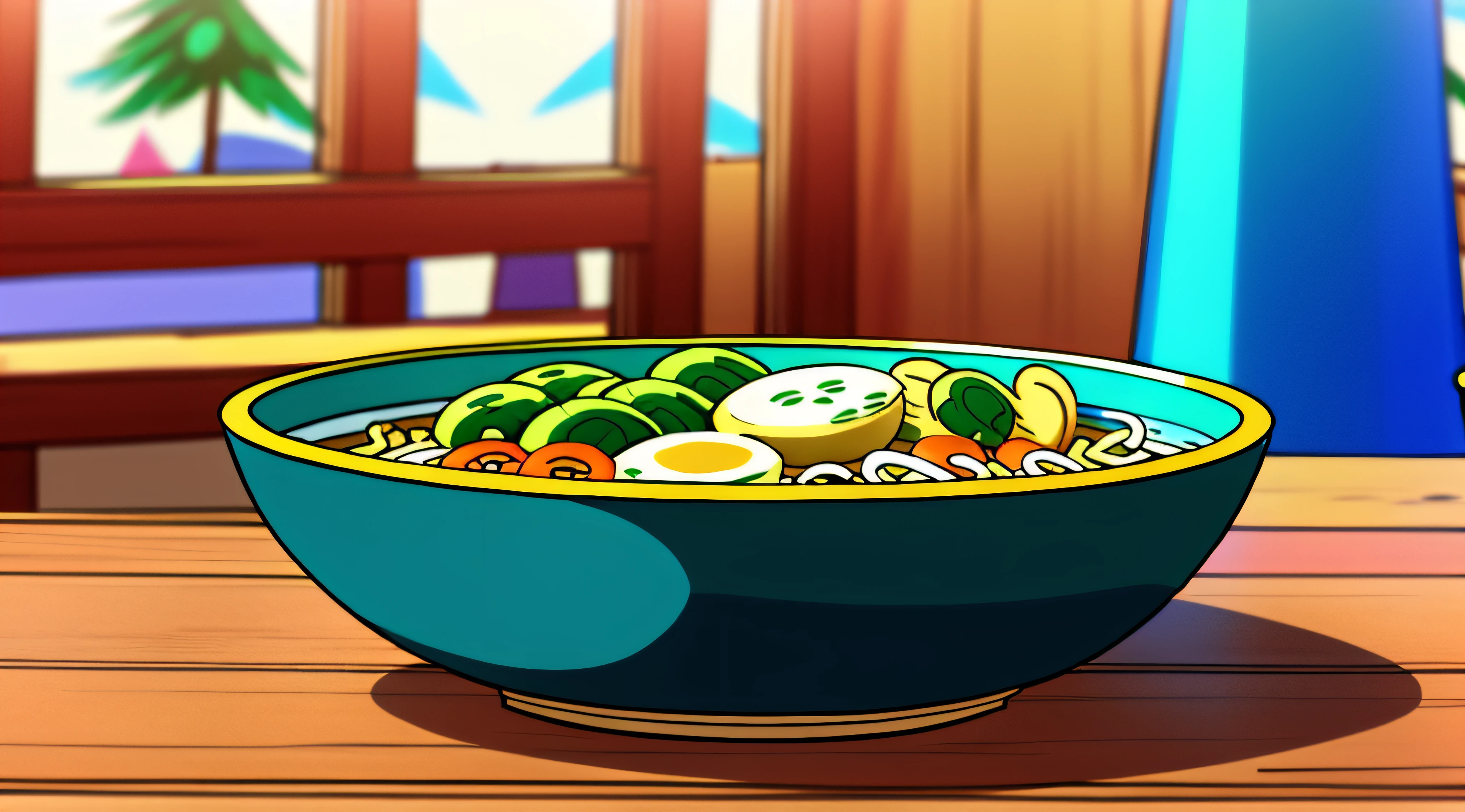 up close shot of a delicious bowl of ramen on a kitchen table, detailed illustration, cartoon, in the style of gravityfalls,