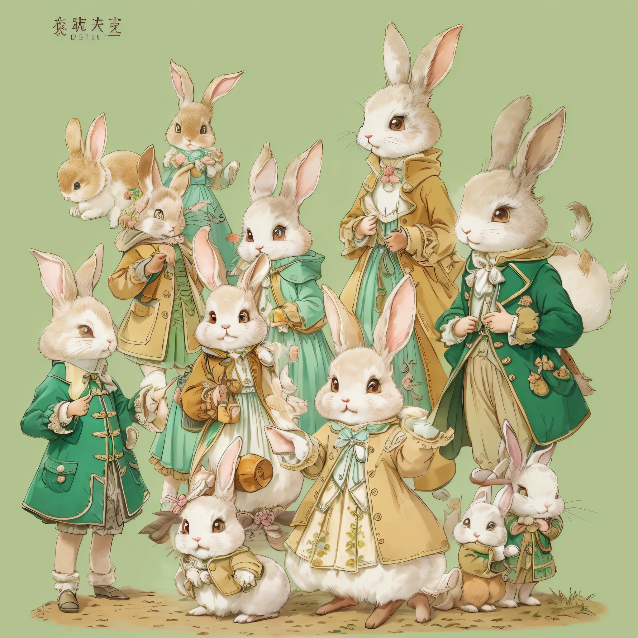 An ultra-high picture quality、Super delicate、Character design drawings、Full body like、Multiple Pose、Multiple facial expressions、Anthropomorphic cute rabbit、Cute characters from fairy tales、Cute rabbit in coat、18th century French clothing、Colorful colors、