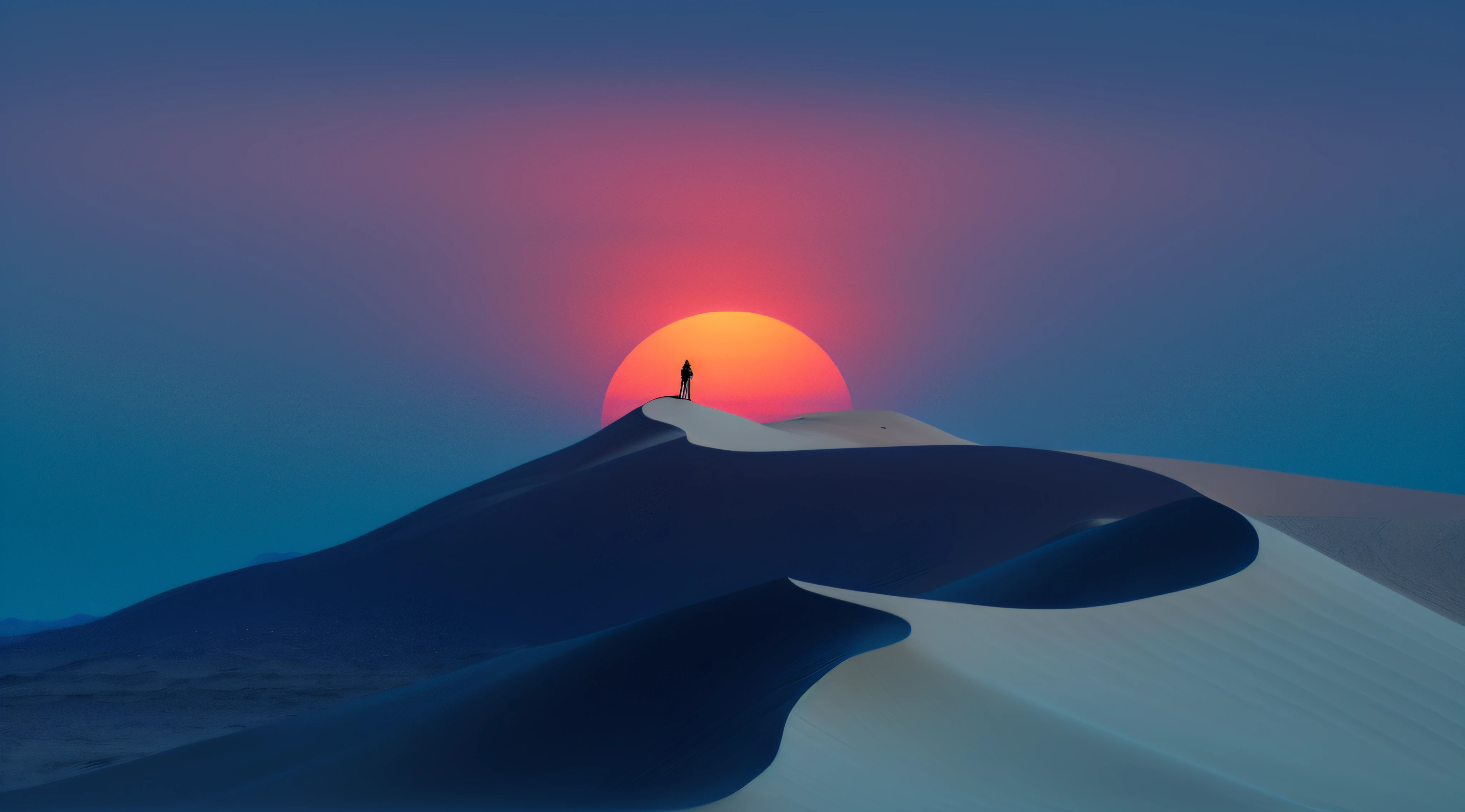 There was a man standing on the hill,The background is sunset, sunset in the desert, desert photography, very beautiful photograph of, author:Amir Sander, in a serene vast desert, Sand desert fantasy, on dune, sand desert, sand dunes, most perfect desert on the world, sun is in the top, desert dunes, At sunrise, cool desert, by Yang J