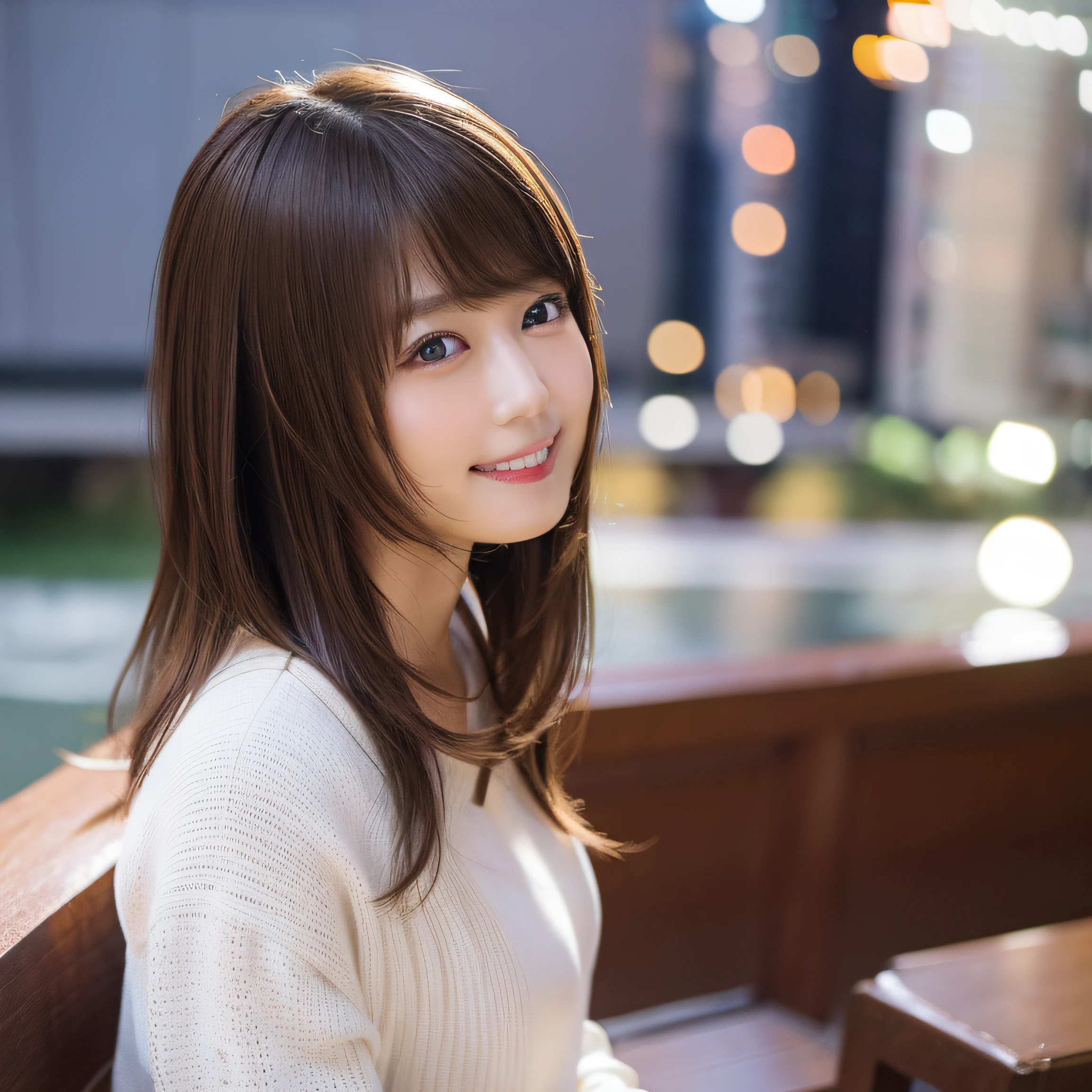 8K,Best Quality, 超A high resolution, (Photorealistic:1.4), Raw photo, (upper thigh, From Side:1.2), (Bokeh:1.4), (sit on a bench:0.8), (in a suite:1.4),window, 1日本人の女の子, Cute, (Solo:1.6), (Shy smile), (Dark brown eyes), Smooth skin, (Brown medium hair,Bangs), (touch hair:1.4),nogizaka,a park,Fashionable clothes