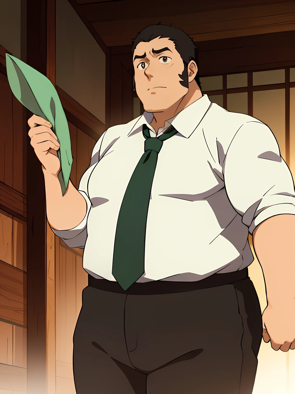 Anime man in white shirt and green tie with green folder, mamoru hosoda, miura kentaro style, kentaro miura art style, miura kentaro style, okabe rintarou, Official art, Kentaro Miura Manga Art Style, kazuma kaneko, kentaro miura manga style, hijikata toushirou、Solid fat man in tie、(There are sideburns)、My face is big、(Horn cutting)、3 head body、The pattern of the tie is a hot spring mark、White short-sleeved shirt、Brown pants、urusei yatsura、Onsen Mark、(Walking while wiping sweat with a handkerchief)、Facing the front