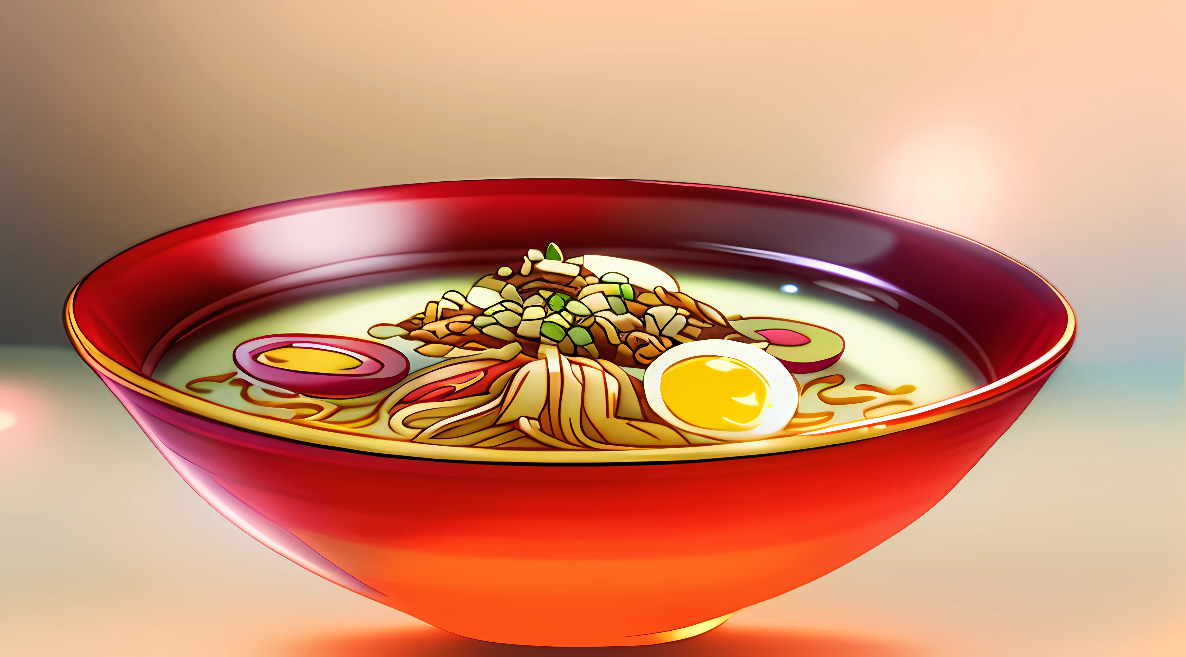 up close shot of a delicious bowl of ramen on a kitchen table, detailed illustration, cartoon, in the style of gravityfalls,