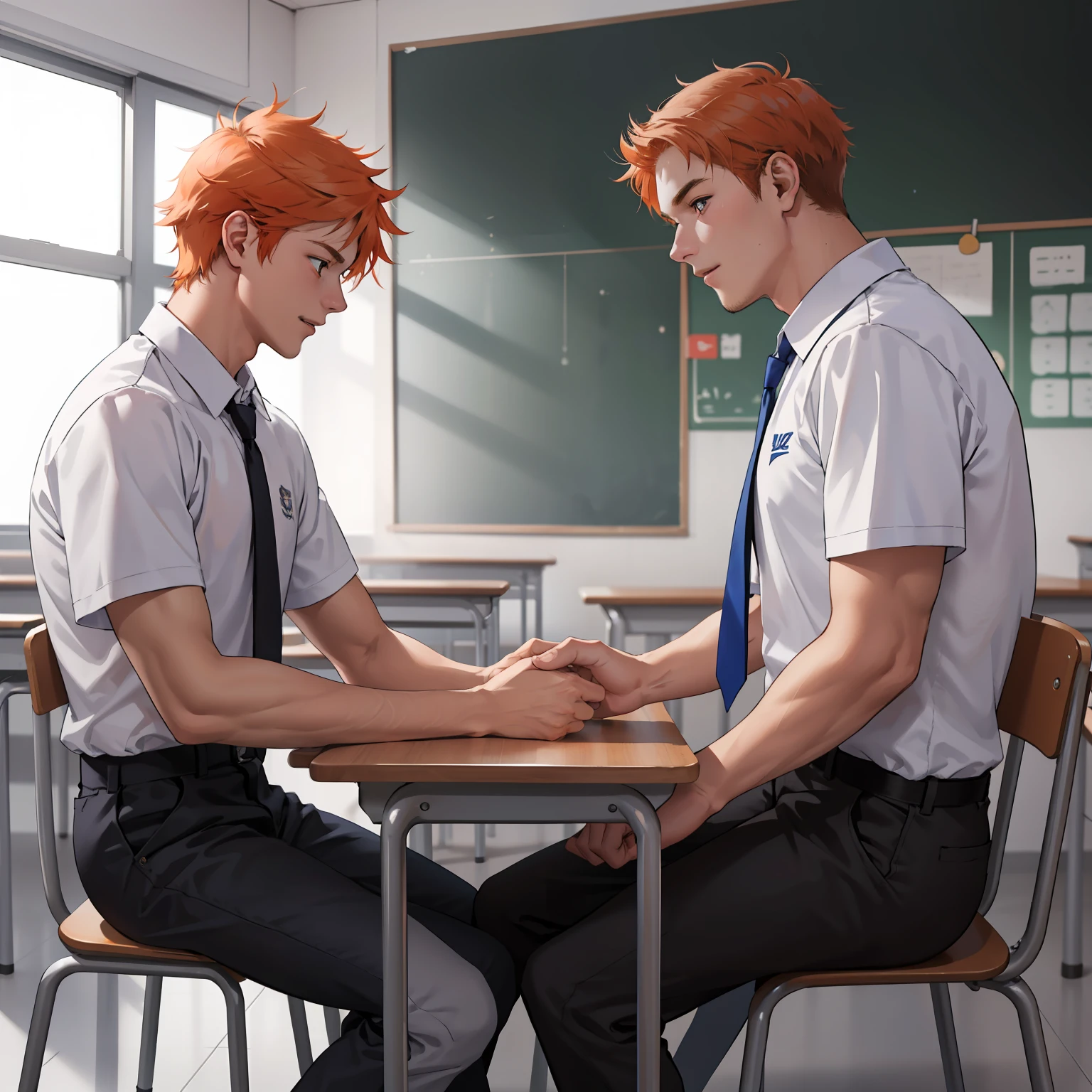 Two 15-year-old orange-haired teenage friends are talking, conversan, parlen  en la escuela de que son casi amigos de hermanos... (usar los mismo personajes)