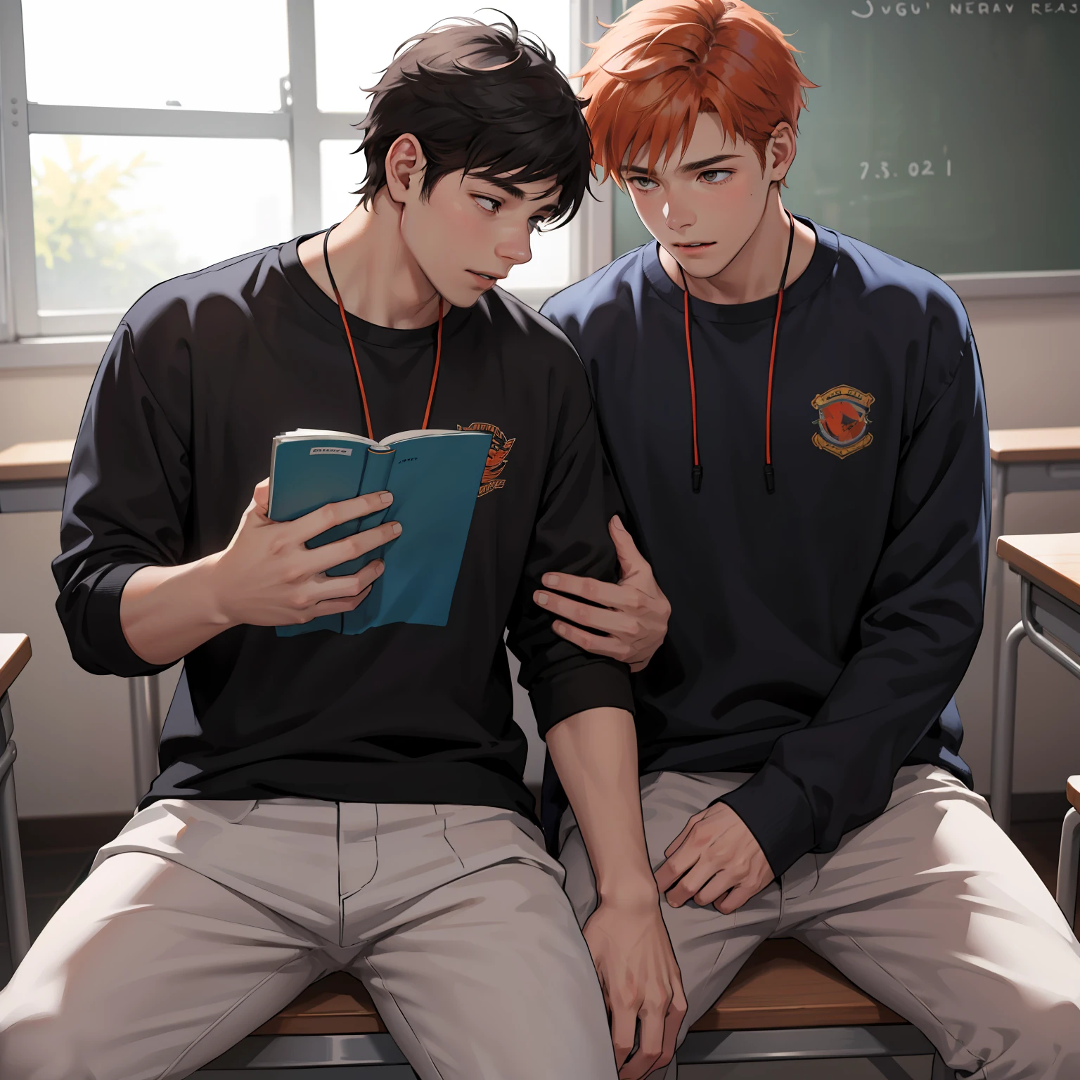 Two -yeld ore-haired teenage friends are talking, conversan, parlen en la escuela de que son casi amigos de hermanos... (usar los mismo personajes)