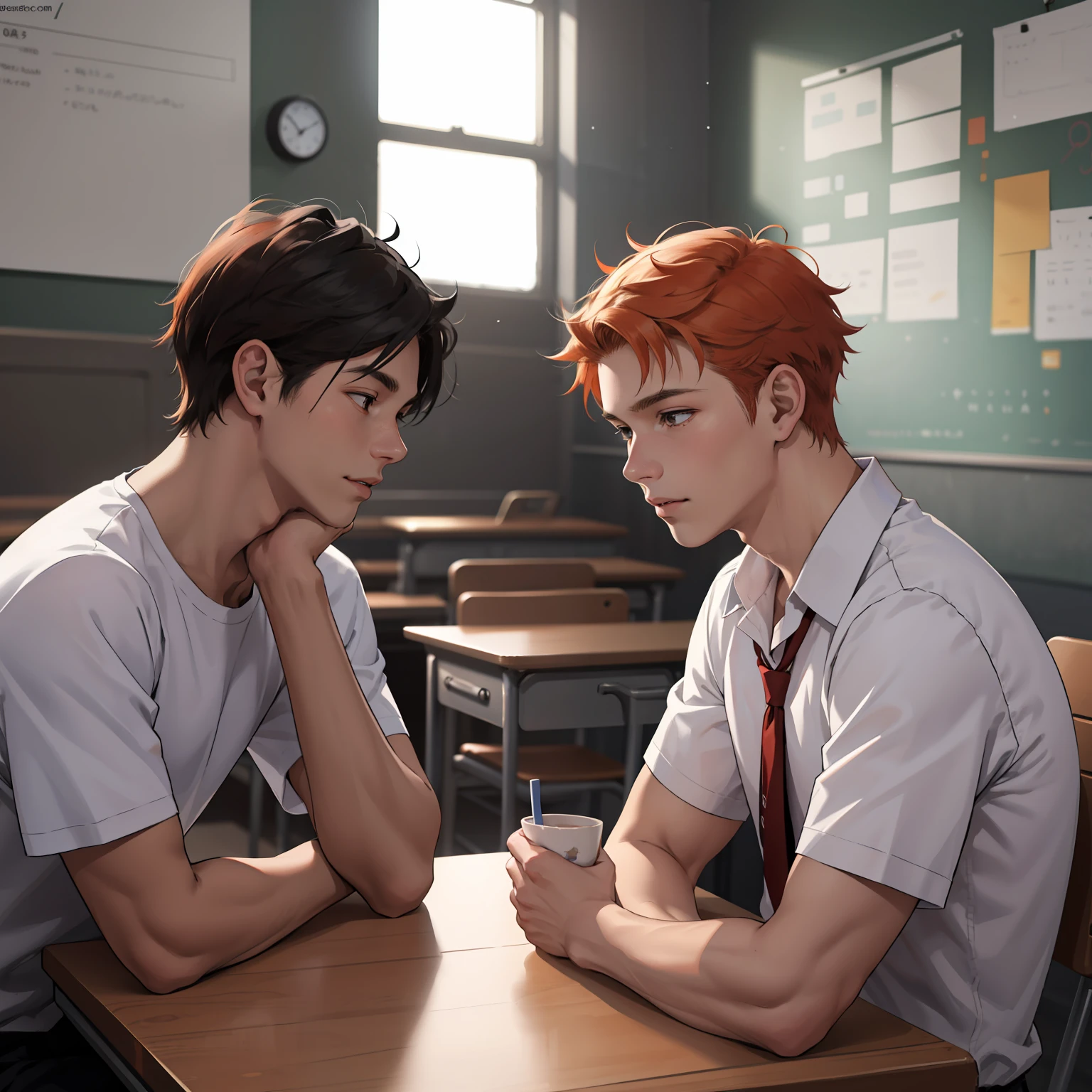 Two 15-year-old orange-haired teenage friends are talking, conversan, parlean en la escuela comparten un secreto de que son casi amigos de hermanos... (usar los mismo personajes)