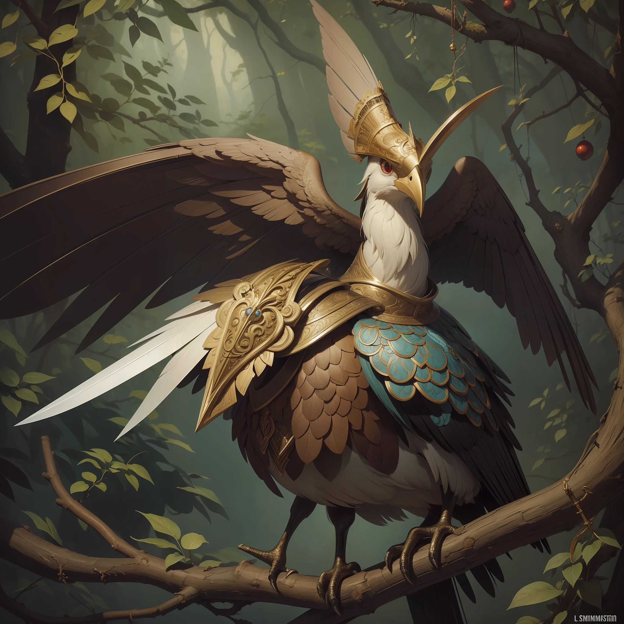 (masterpiece:1.2), original, masterpiece, best quality, official art, painting of a bird with a sword and armor on a branch, style of greg simkins, benjamin lacombe, ornate, 4 k detail fantasy, highly detailed surrealist art,
