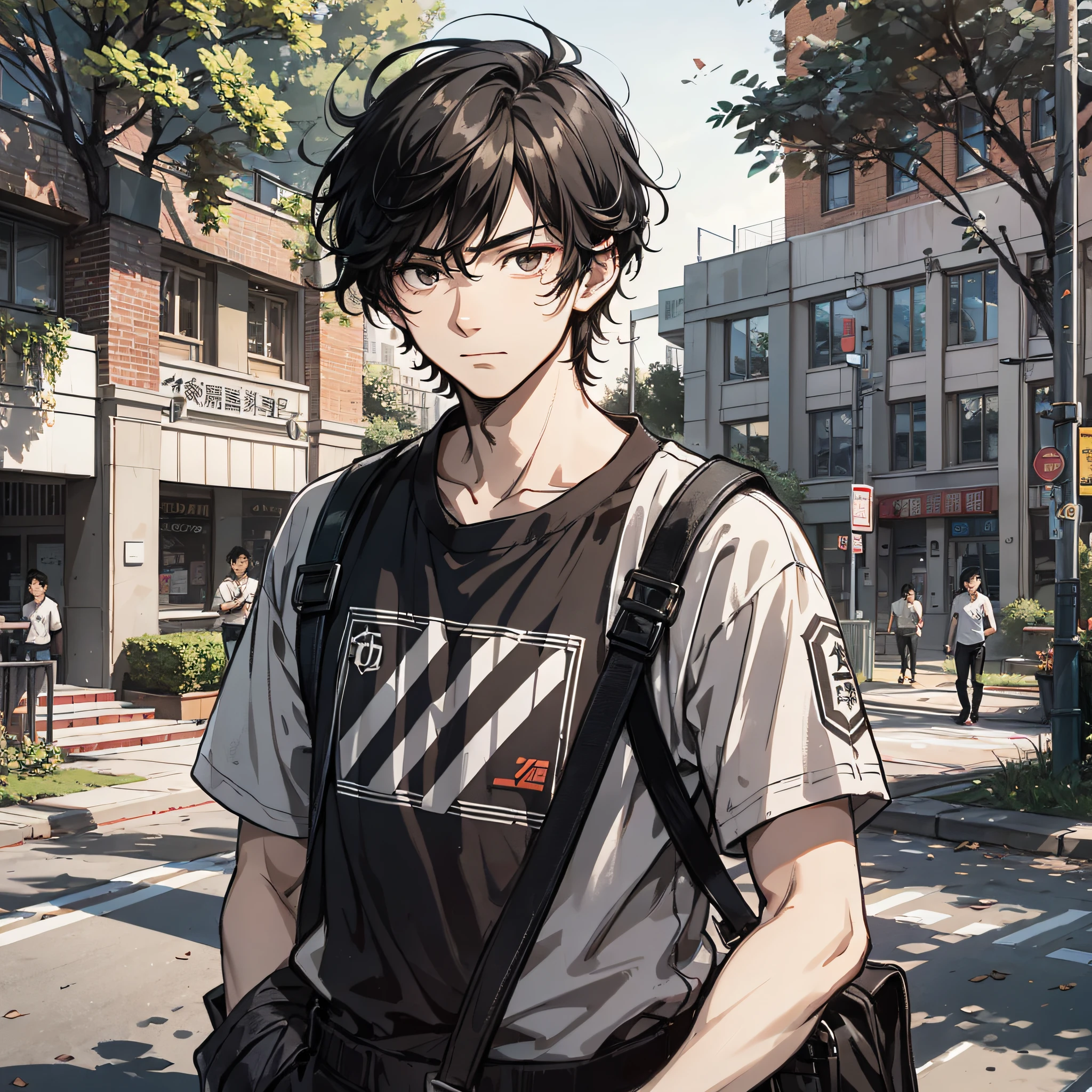 China Campus，A young man with messy black hair，on the campus，Thinking expressions