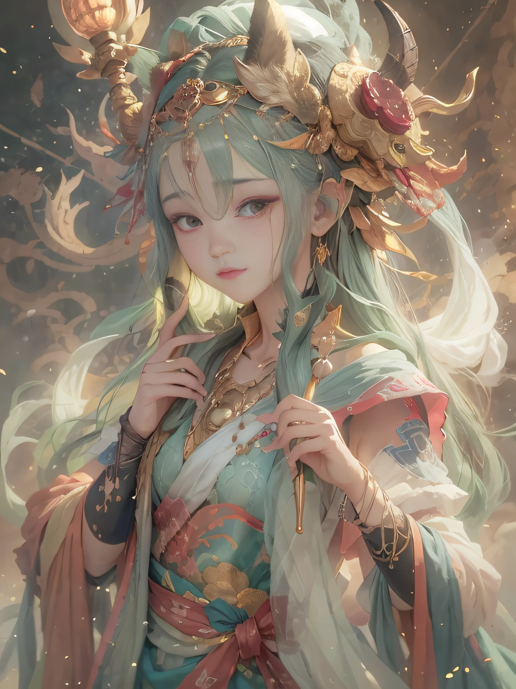 Kizi, Clear face, Beautiful and delicate face, Dunhuang costumes, holding a staff, ssmile, Textured skin;, exteriors, Dragon Totem, Mysterious space;, nigth, A ray of light, Perfect lighting;, People up close, Bust photo, Four different poses;, hyper HD, high detal, high qulity, The is very detailed, 16K;, 3Drenderingof;, UHD