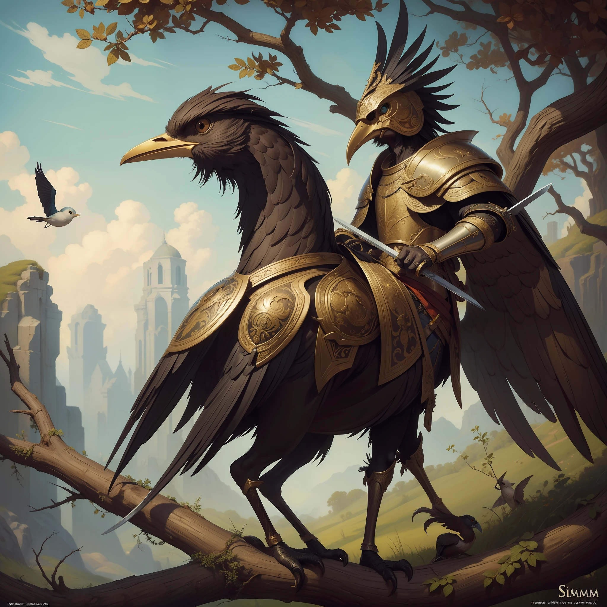 (masterpiece:1.2), original, masterpiece, best quality, official art, painting of a bird with a sword and armor on a branch, style of greg simkins, benjamin lacombe, ornate, 4 k detail fantasy, highly detailed surrealist art,