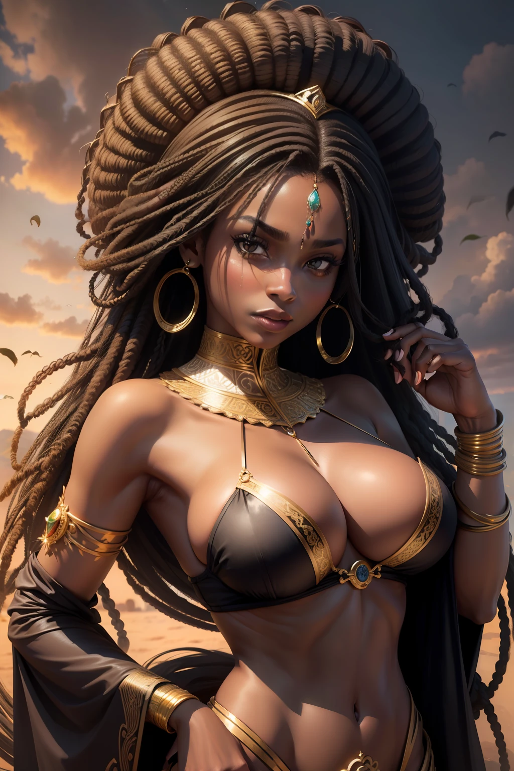 Mulher preta + Rainha + Africana + cabelo longo + abundance