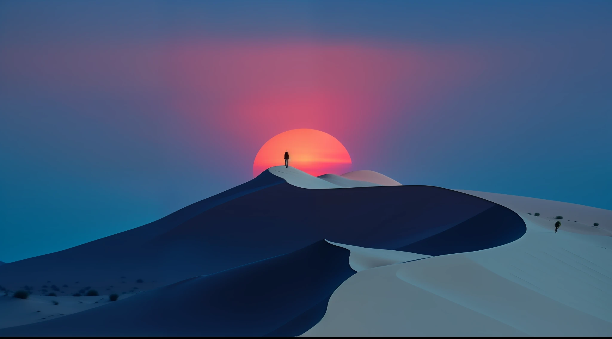 There was a man standing on the hill,The background is sunset, sunset in the desert, desert photography, very beautiful photograph of, author:Amir Sander, in a serene vast desert, Sand desert fantasy, on dune, sand desert, sand dunes, most perfect desert on the world, sun is in the top, desert dunes, At sunrise, cool desert, by Yang J