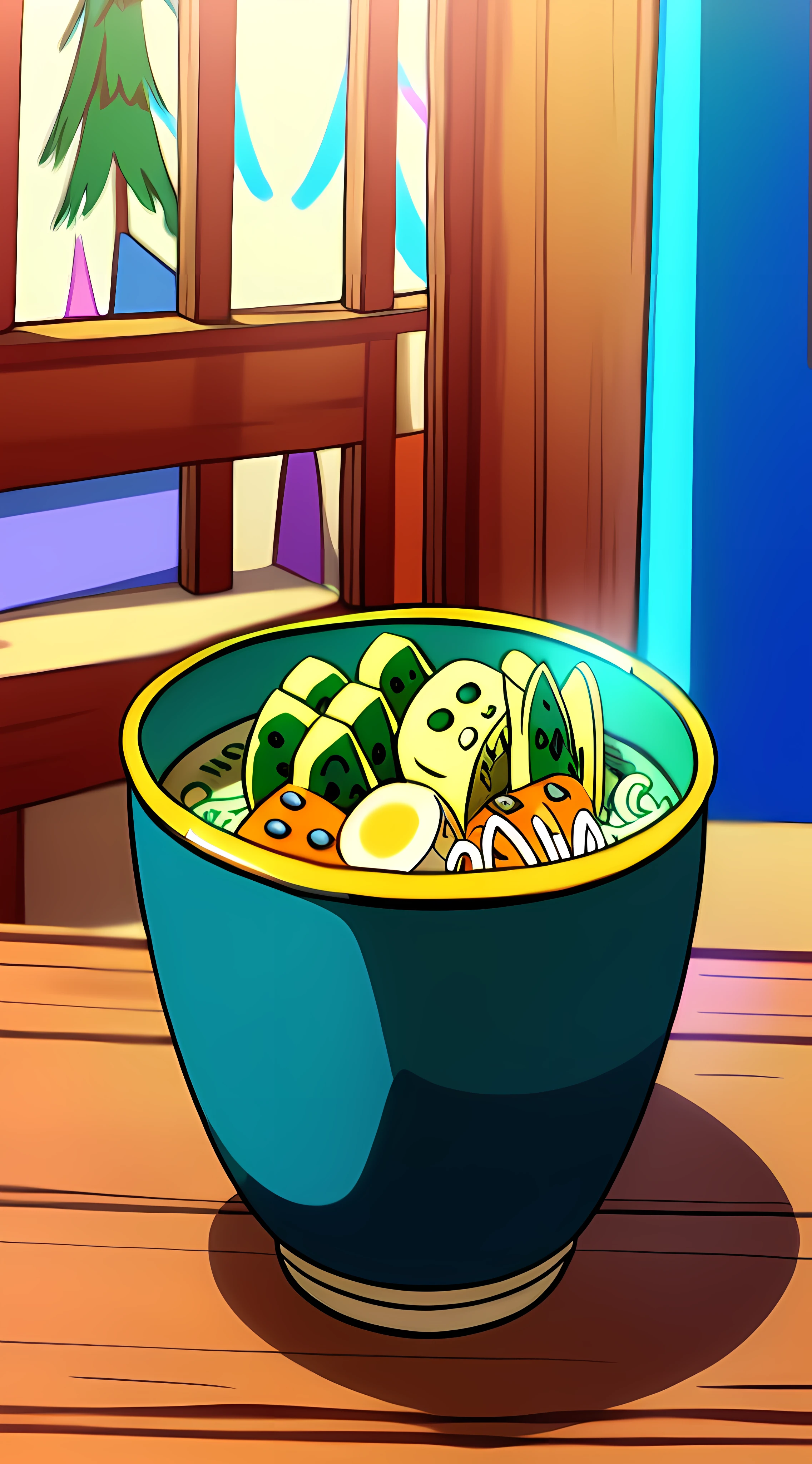 up close shot of a delicious bowl of ramen on a kitchen table, detailed illustration, cartoon, in the style of gravityfalls,