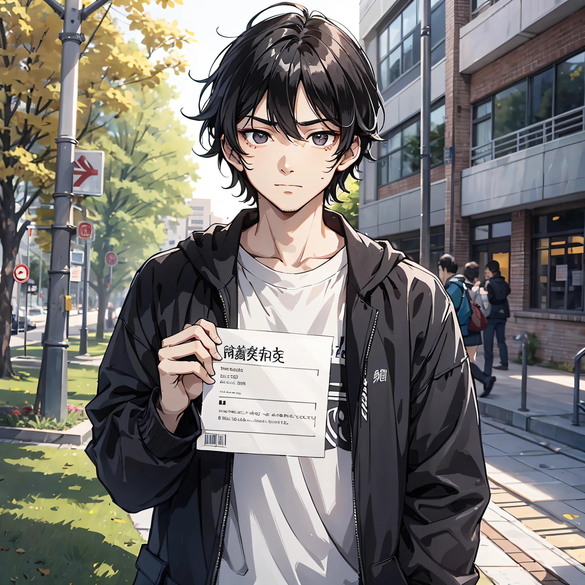 China Campus，A young man with messy black hair，on the campus，are standing，Holding a piece of paper in his hand，Tear up