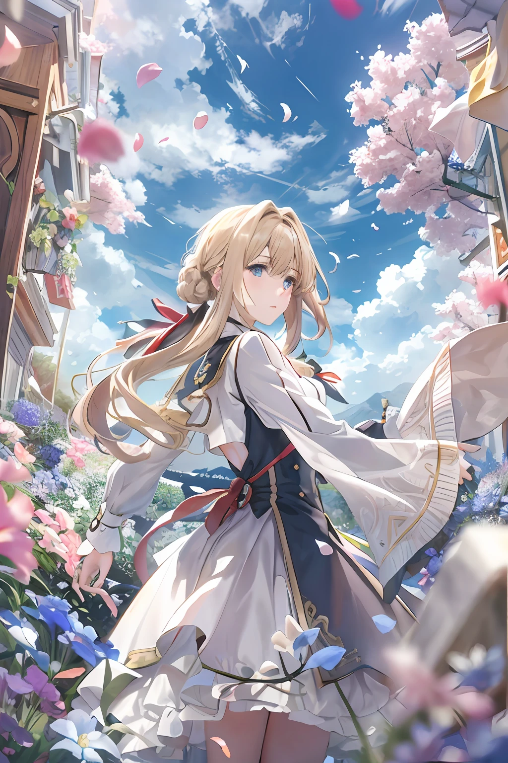 (Dynamic Angle: 1.3), Wind, Movie Highlight, Tyndall Effect, 1 Girl, Upper Body, Arms Up, Look at the Audience, Extreme Close Up, violet_evergarden, Solo, Jewelry, Expressionless, Brooch, blonde_hair, ( Vevry Long Hair: 1.2), messy_hair, Floating hairlong_sleeves, Ribbon, blue_eyes, Jacket, Dress, Gemstone, hair_ ribbon, sky, depth_of_field, flower fields, fluttering petals