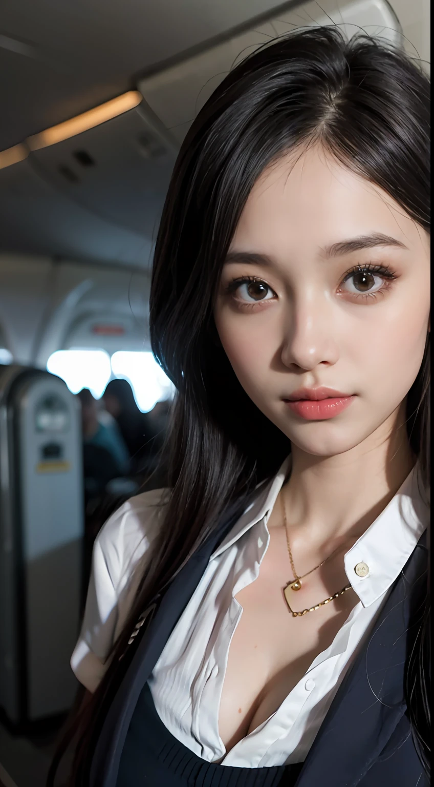 8K, Ultra HD, Best quality, Masterpiece, Ultra realistic, Photo, 1 girl, (18 years old: 1.3), Pretty girl, Cute face, ((shining eyes)), Beautiful detail, Slender, ((stewardess)),