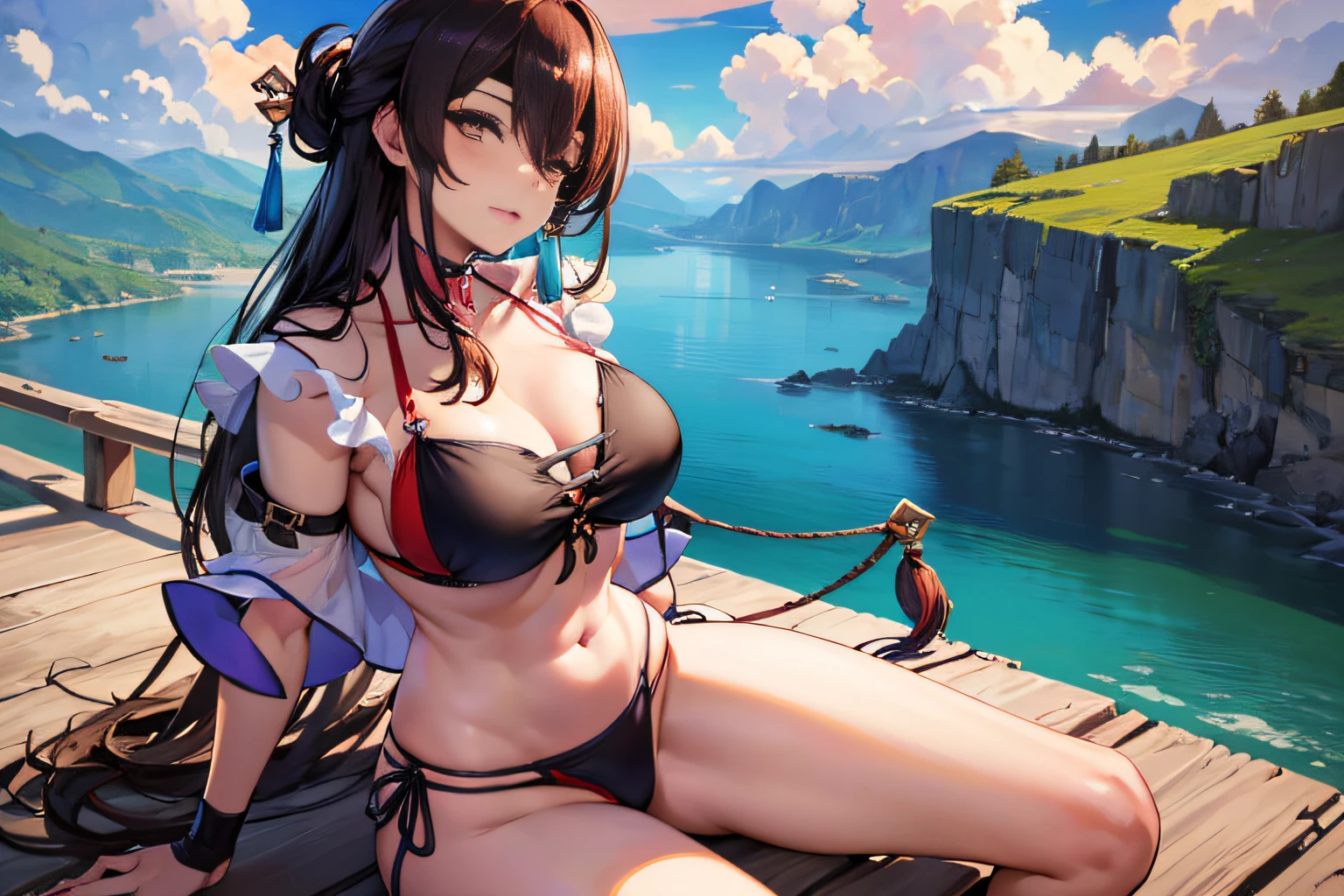 (NSTDA.:1.2), (10, beste-Qualit, master-piece: 1.4), ultra-high resolution, (lifelike, photorealistic portrait: 1.48), 20 age, Cute Girl, (See through the bikini beetle), Famous Japanese actors, beautiful clear eyes, G Cup Big Breasts, Head tilt., cowboy shot, from the side, looking at the audience, expressionless, valley, Surrounded by white clouds, It is surrounded by a half-moon-shaped terrace that overlaps like fish scales......... When the wind blows through the mountains, Watch the colorful waves in layers.. In this paradise-like place......... ,, Whole body, foot, Ultra-Wide Angle,