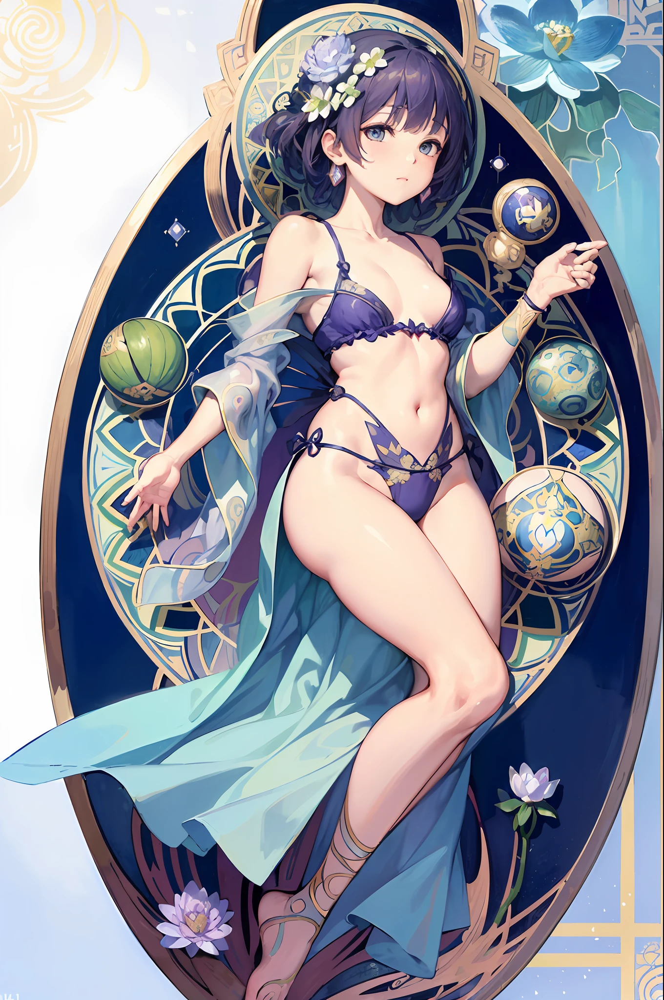Personification of the nose of a water lily、wearing kimonos、Adonis、Frame Buddha、Decorative panel、abstract  art、By Alphonse Mucha (​masterpiece、top-quality、hight resolution: 1.4)、More about realism、intricate-detail、4K、color splashes、line-drawing、Fibonacci、Tarot Cards