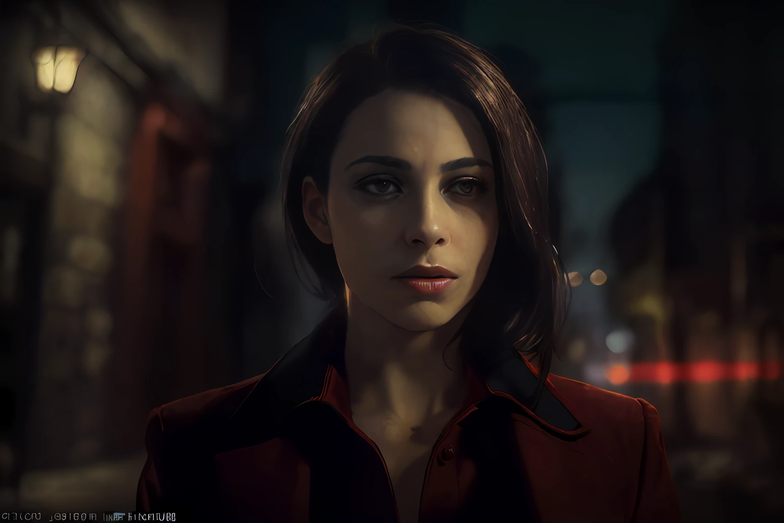 (Character: one Israeli woman, 30 years old, brunette, medium hair)
(Clothing: wine red lawyer clothes)
(Background: dark alley at night:1.3, intense urban lights in background)
(Style: ((masterpiece:1.5)), (face detailed), photo-realistic:1.3, hyperrealistic, film grain, realistic lighting, backlighting:1.3)
