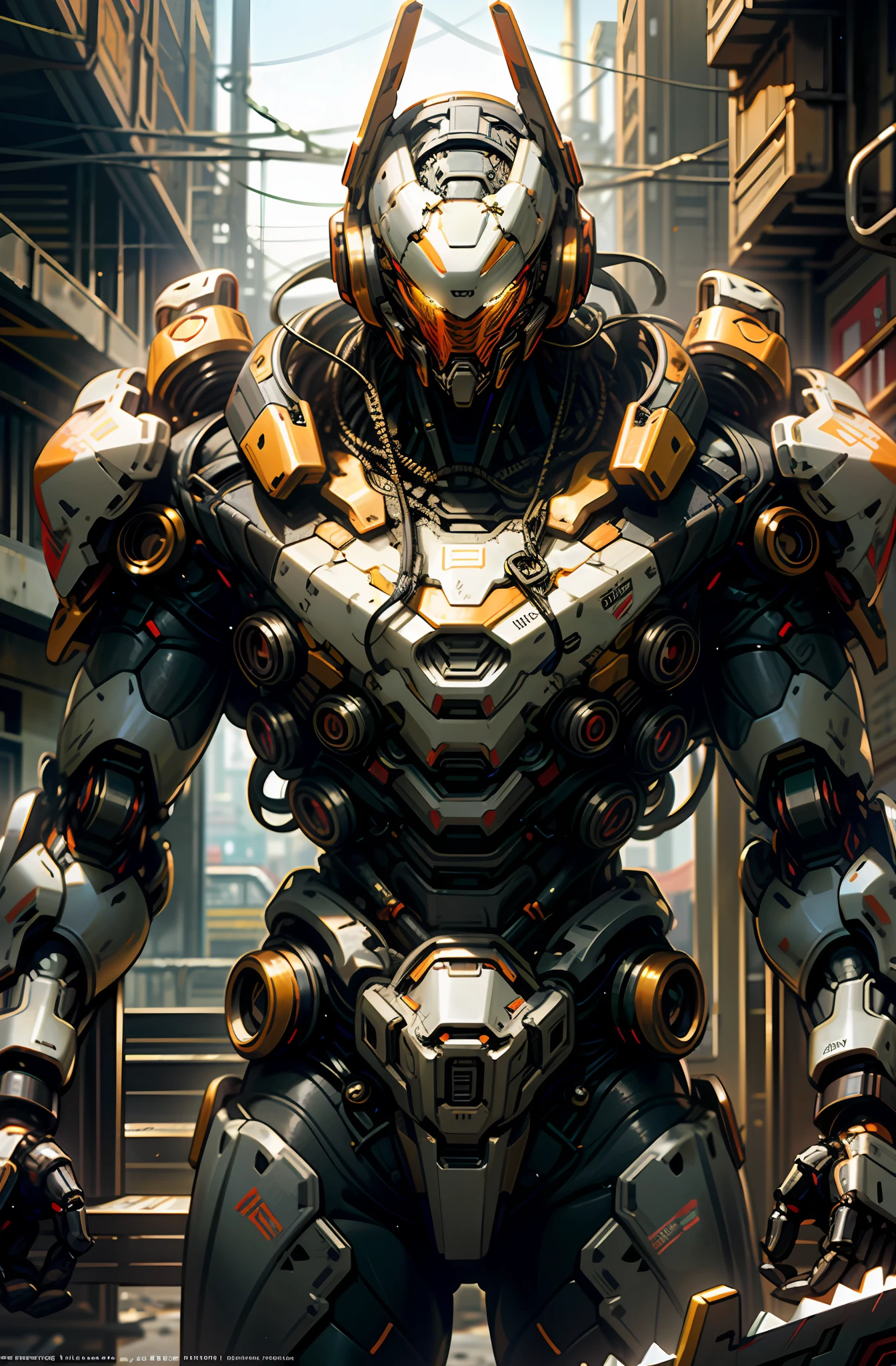 Dark_Fantasy,Cyberpunk,(chain saw,chain saw man,Red:1.1),1man,Mechanical marvel,Robotic presence,Cybernetic guardian, wearing a worn-out mech suit, intricate, (steel metal [rusty]), elegant, clear focus, shot by greg rutkowski, soft lighting, vibrant colors, masterpiece, ((street)), cowboy shot, dynamic pose,