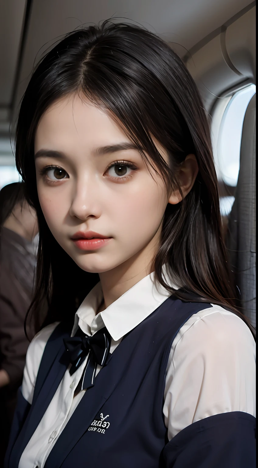 8K, Ultra HD, Best quality, Masterpiece, Ultra realistic, Photo, 1 girl, (18 years old: 1.3), Pretty girl, Cute face, ((shining eyes)), Beautiful detail, Slender, ((stewardess)),