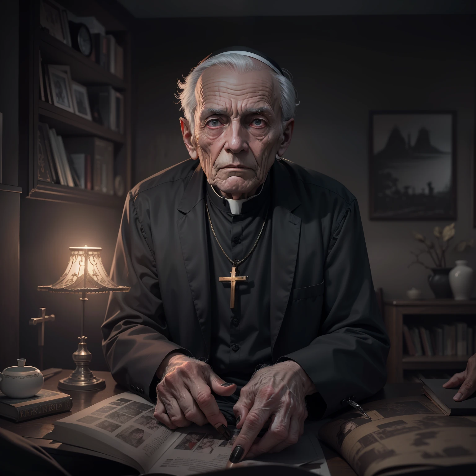 very detailed and extremely intricate 8k image in horror graphic novel style artwork of an elderly Catholic priest, 85 years old, sitting in a simple little room, wearing a black collared shirt, sickly expression