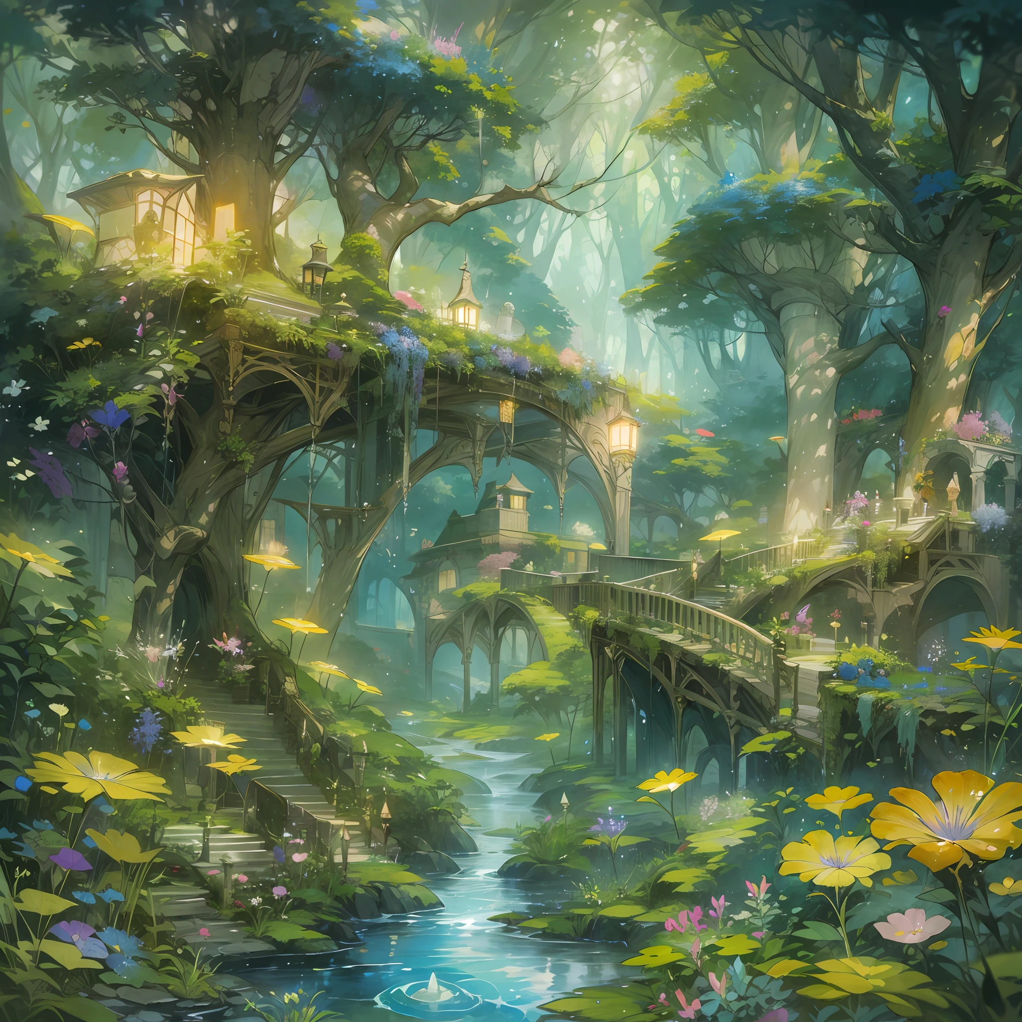 shukezouma,(illustratio:1.1),(best qualtiy),(tmasterpiece:1.1),(panoramic lens:1.3),A high resolution,(ink spatter),(splash of color),(aquarelle)an enchanted forest:Create a magical forest、tiny faeries、There are towering trees、House of witches in the shape of large flowers、Vibrant foliage and sparkling streams、Whimsical creatures and ethereal lights,Enchanting atmosphere。