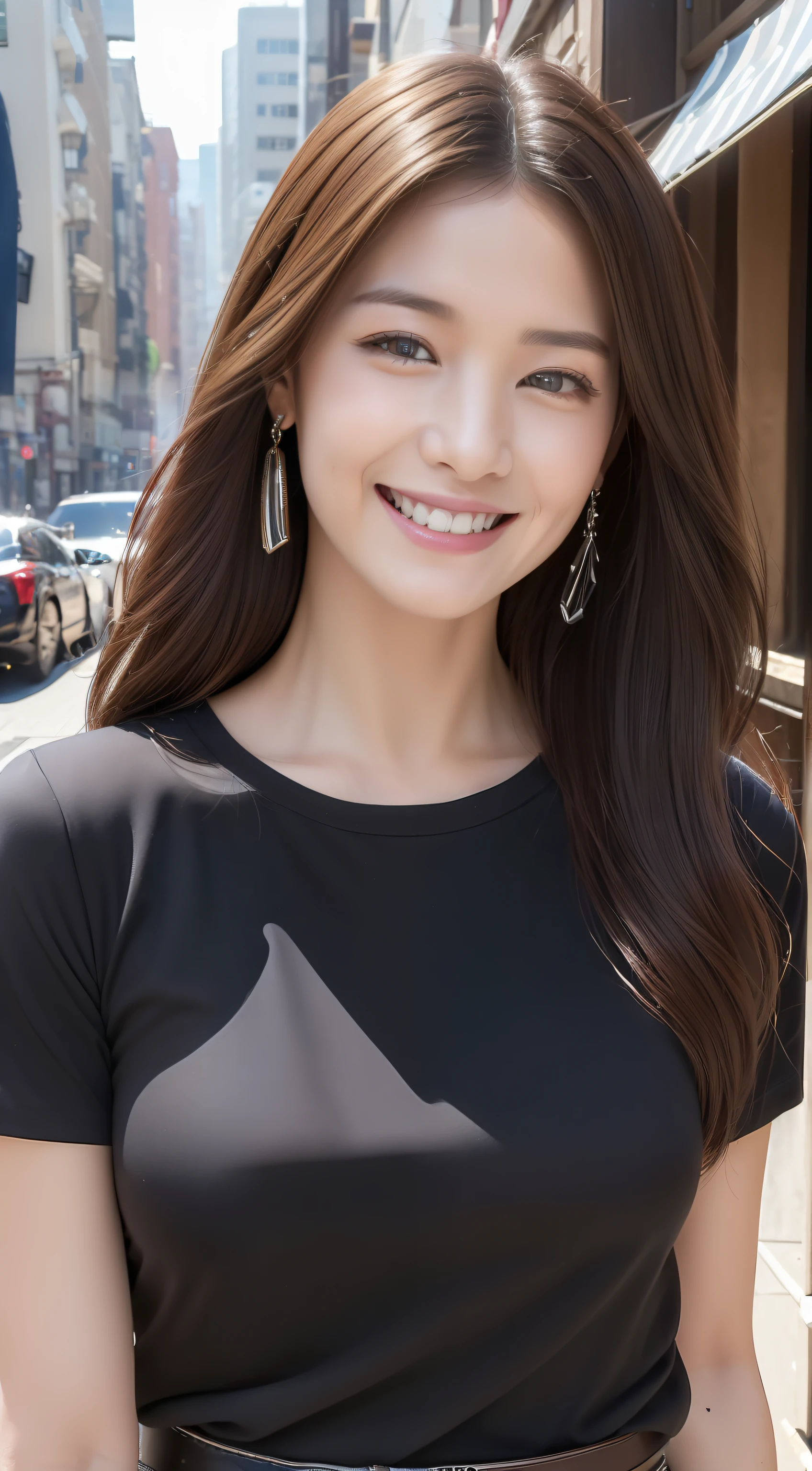 ((top-quality、in 8K、masterpiece:1.3))、1girl in、Smiling smile、Cowboy Shot、Front image、Slim Faces、Pretty women、(dark brown hair)、(tshirts:1.1)、hyperdetailed face、A detailed eye、二重まぶた、Slim Faces、城市、takeout、a street、Paisla Shoulder Bag