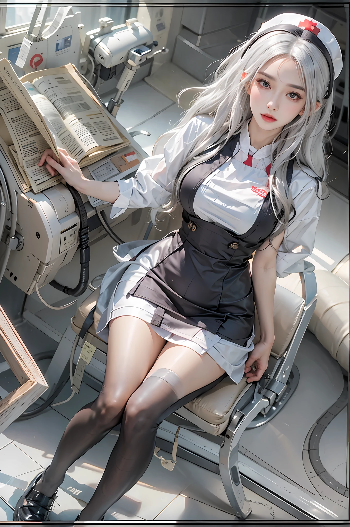 photorealistic, high resolution, 1women, solo, hips up, look at viewer, (detailed face), white hair, long hair, nurse outfit, stockings