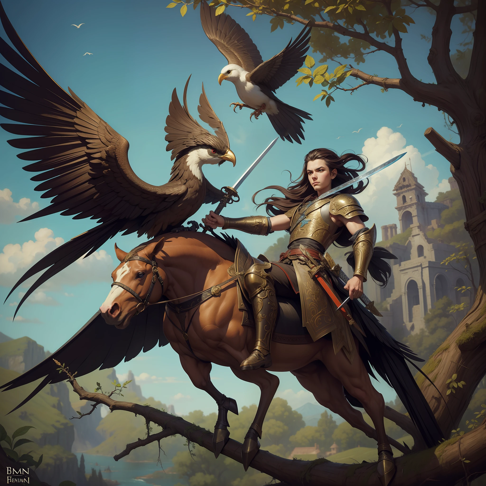 (masterpiece:1.2), original, masterpiece, best quality, official art, painting of a bird with a sword and armor on a branch, style of greg simkins, benjamin lacombe, ornate, 4 k detail fantasy, highly detailed surrealist art,