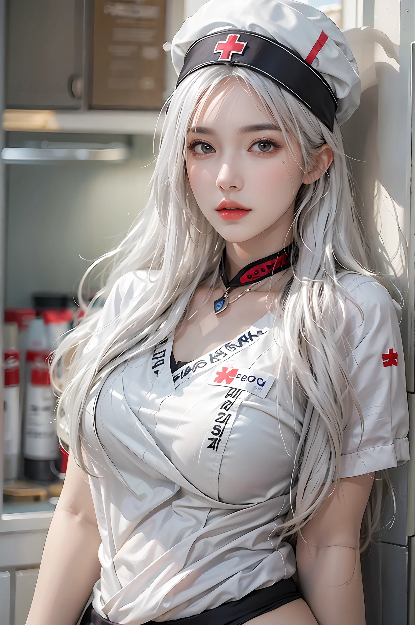 photorealistic, high resolution, 1women, solo, hips up, look at viewer, (detailed face), white hair, long hair, nurse outfit, stockings