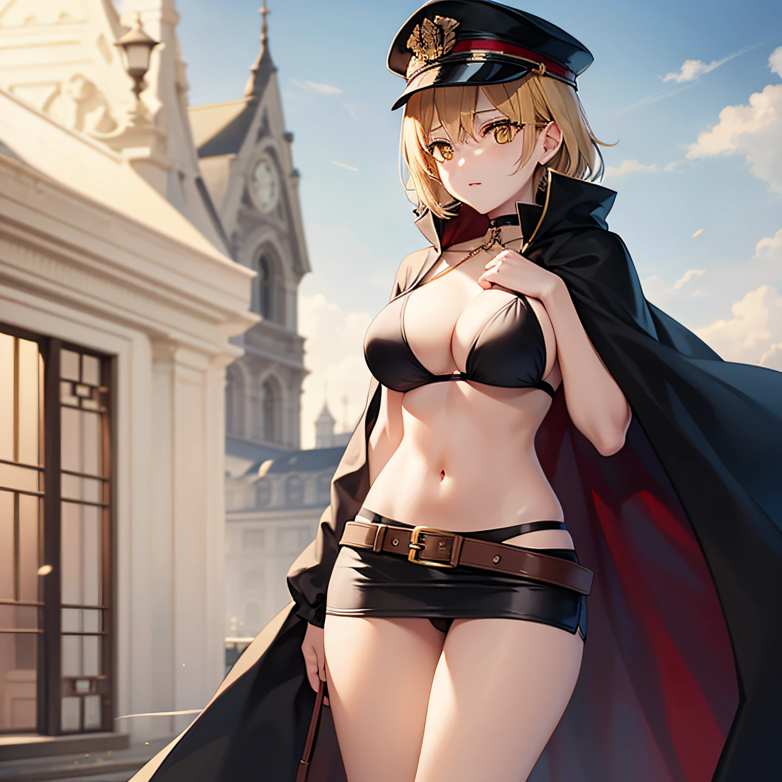 top-quality、extremely delicate and beautiful、One lady、Wearing a black cloak。Colossal 、Black Bikini Bra、Yellow military cap、Thunder properties、a blond、short-haired、Yellow eyes、Navel、Black miniskirt、Belt at waist
