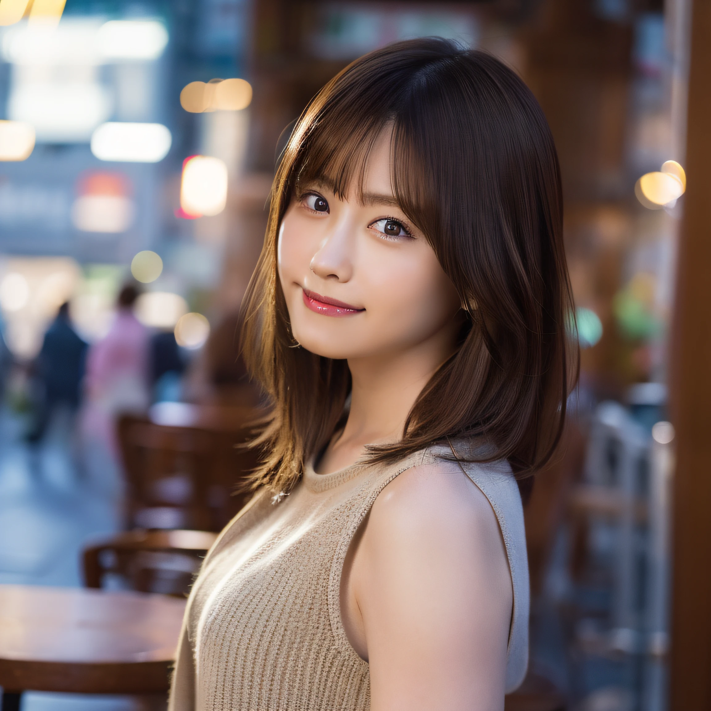 8K,Best Quality, 超A high resolution, (Photorealistic:1.4), Raw photo, (upper thigh, From Side:1.1), (Bokeh:1.4), (in a suite:1.4),window, 1日本人の女の子, Cute, (Solo:1.6), (Shy smile), (Dark brown eyes), Smooth skin, (Brown medium hair,Bangs), (touch hair:1.4),nogizaka,a park,Fashionable clothes,cafes、Standing