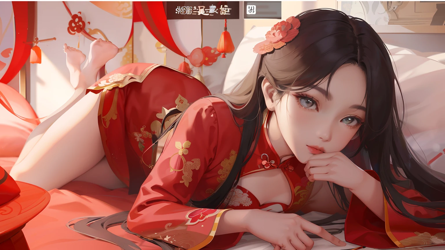 Allafard Asian woman lying on bed,The bed was covered with a red blanket, trending on cgstation, trending at cgstation, Chinese girl, Guviz, Chinese style, Middle Metaverse, author:Yu Zheding, Wearing a red cheongsam, Realistic. Cheng Yi, author:Li Fangying, Guviz-style artwork