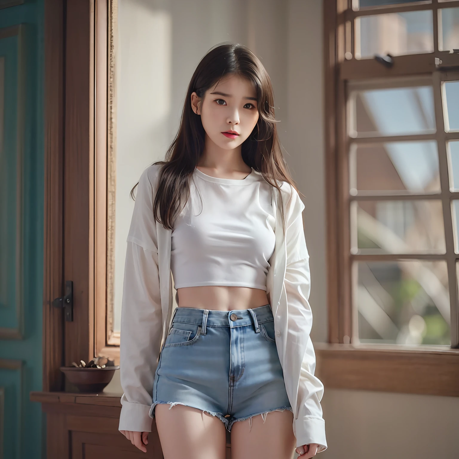 nikon RAW photo,8 k,Fujifilm XT3,photorealistic,realistic, solo, photorealistic, best quality, ultra high res, (skin spots:0.1) serious expression, , standing against a school at daylight, jeans and Long sleeve Crew neck white t-shirt suits, masterpiece, best quality, extremely detailed face, perfect lighting, solo,1girl, sexy sight best quality, ultra high res, photorealistic, ultra detailed, masterpiece, best quality, iu1, nice butt and body figure, tiny body, lee ji-eun, photoshoot