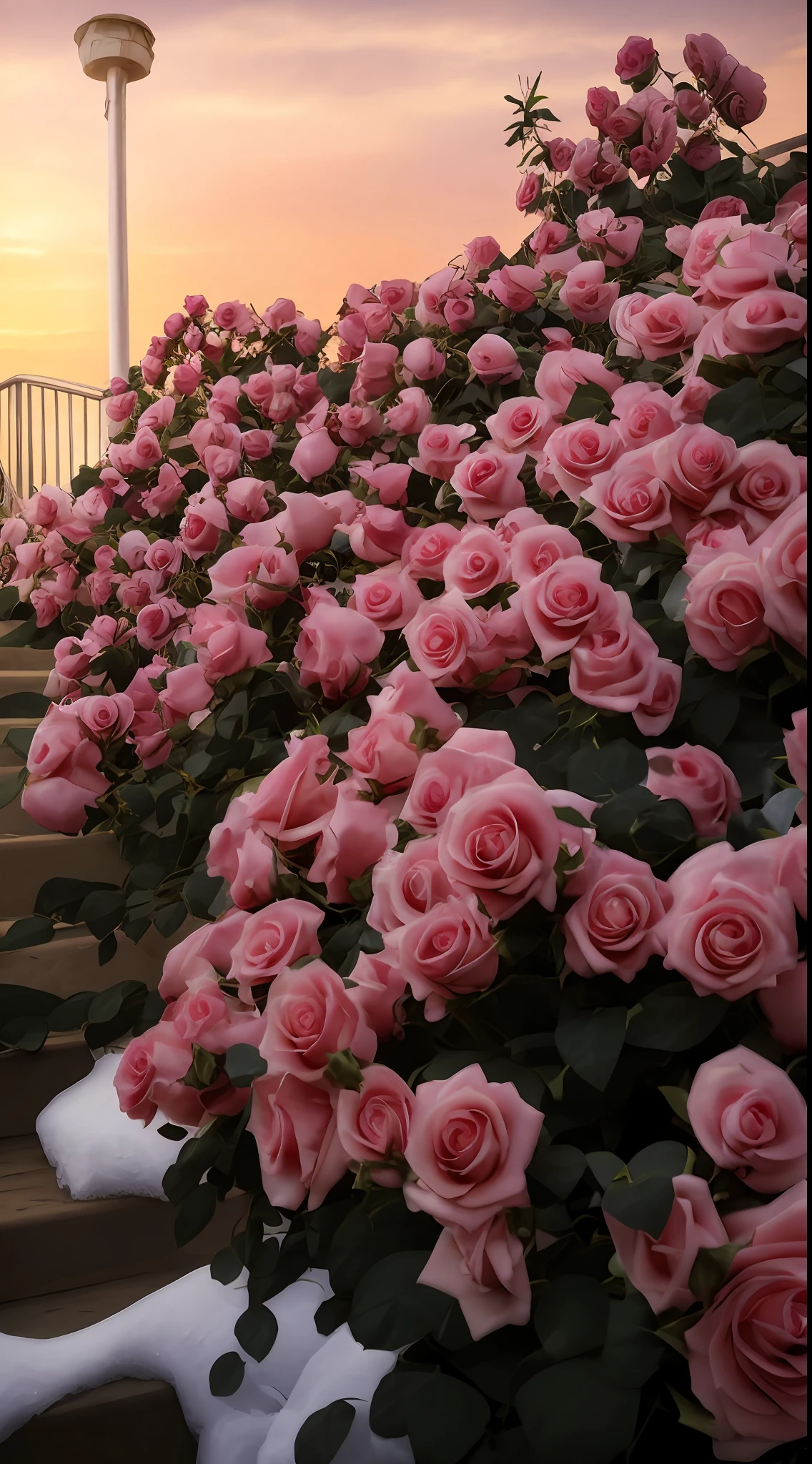 Many pink roses grow on the steps, beautiful flowers growing, with soft bushes, with frozen flowers around her, roses in cinematic light, beautiful aesthetic, rosette, Rose garden, flowers blooming, Marshmallow bushes, Beautiful and aesthetic, red roses at the top, full bloom, Blooming flowers, Beautiful flowers, rosses, very very beautiful，8K high quality detailed art