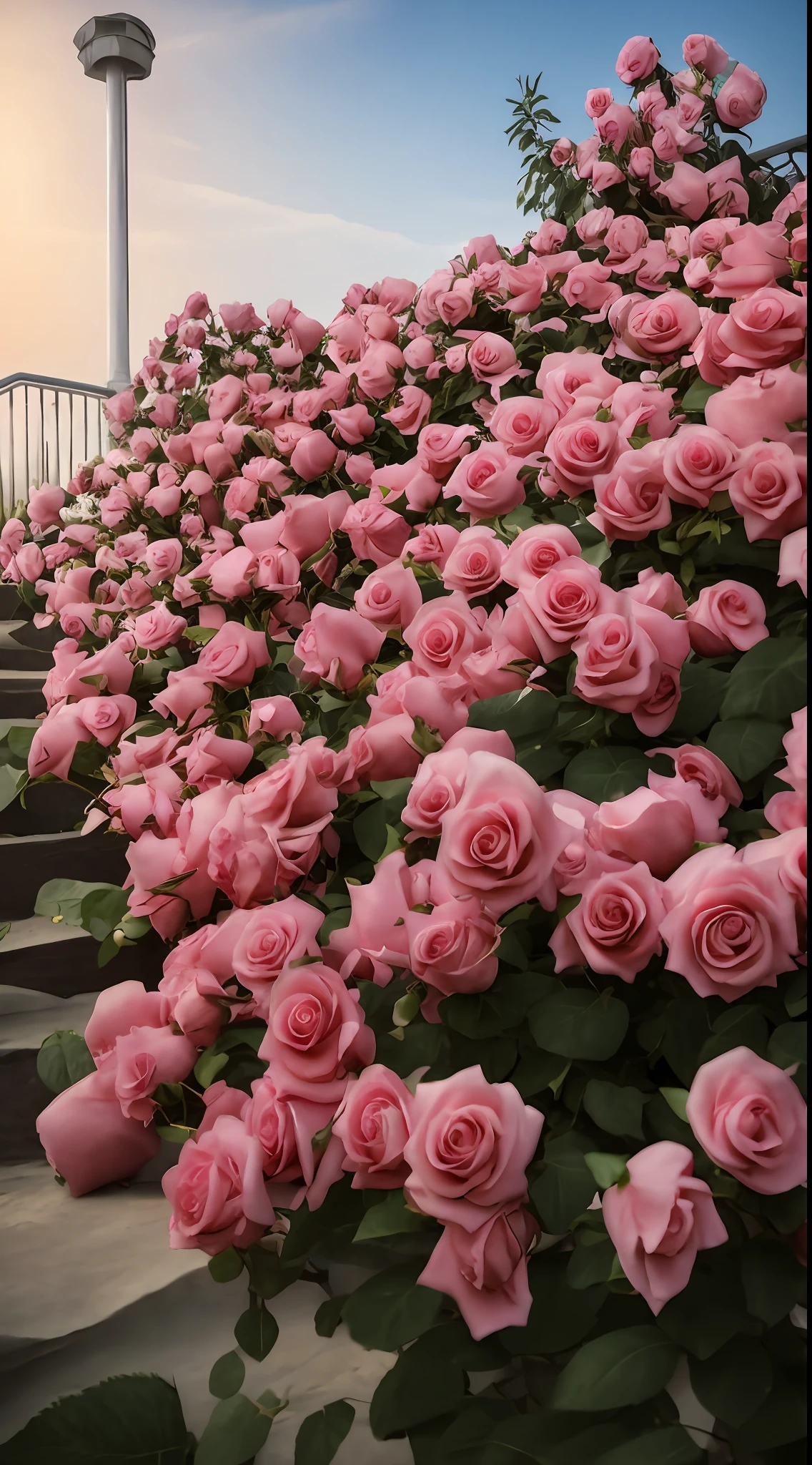 Many pink roses grow on the steps, beautiful flowers growing, with soft bushes, with frozen flowers around her, roses in cinematic light, beautiful aesthetic, rosette, Rose garden, flowers blooming, Marshmallow bushes, Beautiful and aesthetic, red roses at the top, full bloom, Blooming flowers, Beautiful flowers, rosses, very very beautiful，8K high quality detailed art