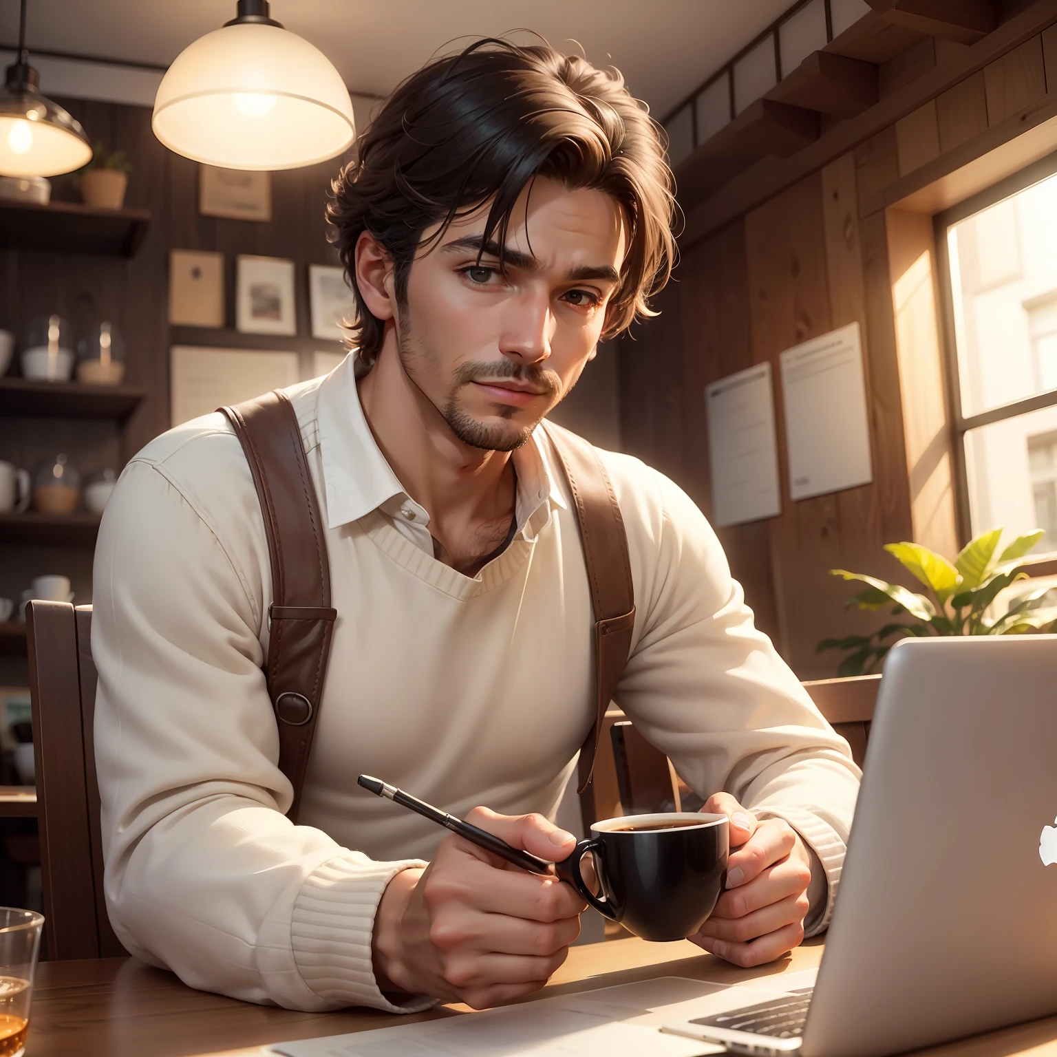 A man in a cozy café, working on your laptop while sipping a cup of coffee, surrounded by a pleasant atmosphere. A foto mostra a versatilidade de trabalhar remotamente e a capacidade de aproveitar momentos de relaxamento enquanto realiza suas tarefas.