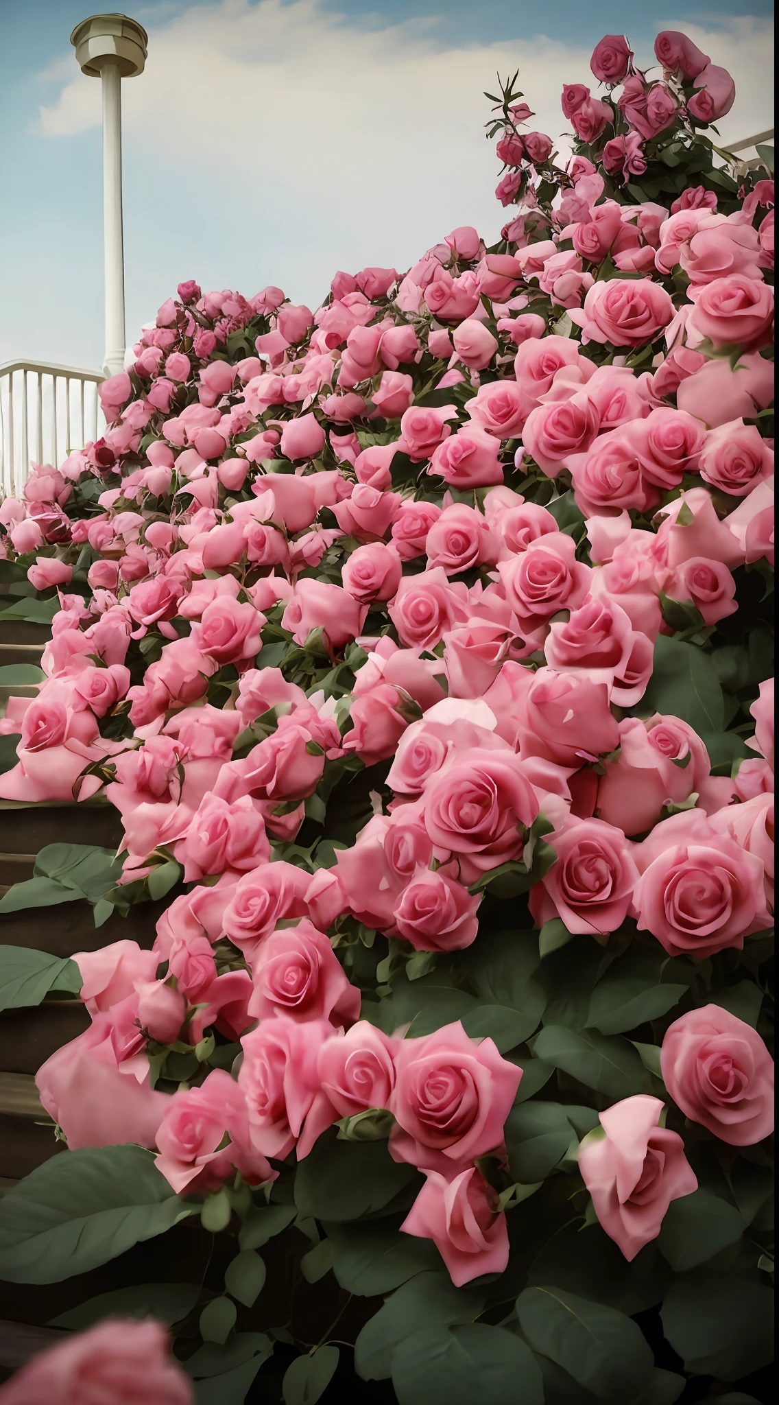 Many pink roses grow on the steps, beautiful flowers growing, with soft bushes, with frozen flowers around her, roses in cinematic light, beautiful aesthetic, rosette, Rose garden, flowers blooming, Marshmallow bushes, Beautiful and aesthetic, red roses at the top, full bloom, Blooming flowers, Beautiful flowers, rosses, very very beautiful，8K high quality detailed art