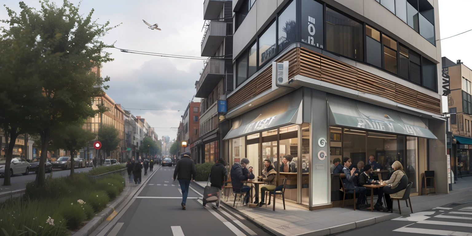 Renderings of busy streets，People sit at tables and eat, artistic impression, author：Emma Andievska, true realistic image, detailed renderings, artist impression, author：Gavin Nolan, Hyper-realistic, hyper - realistic, Renders, author：Sam Black, A digital rendering, photorealistic image, subtle detailing, author：Benjamin Bullock, Location shooting, hyper realisitc