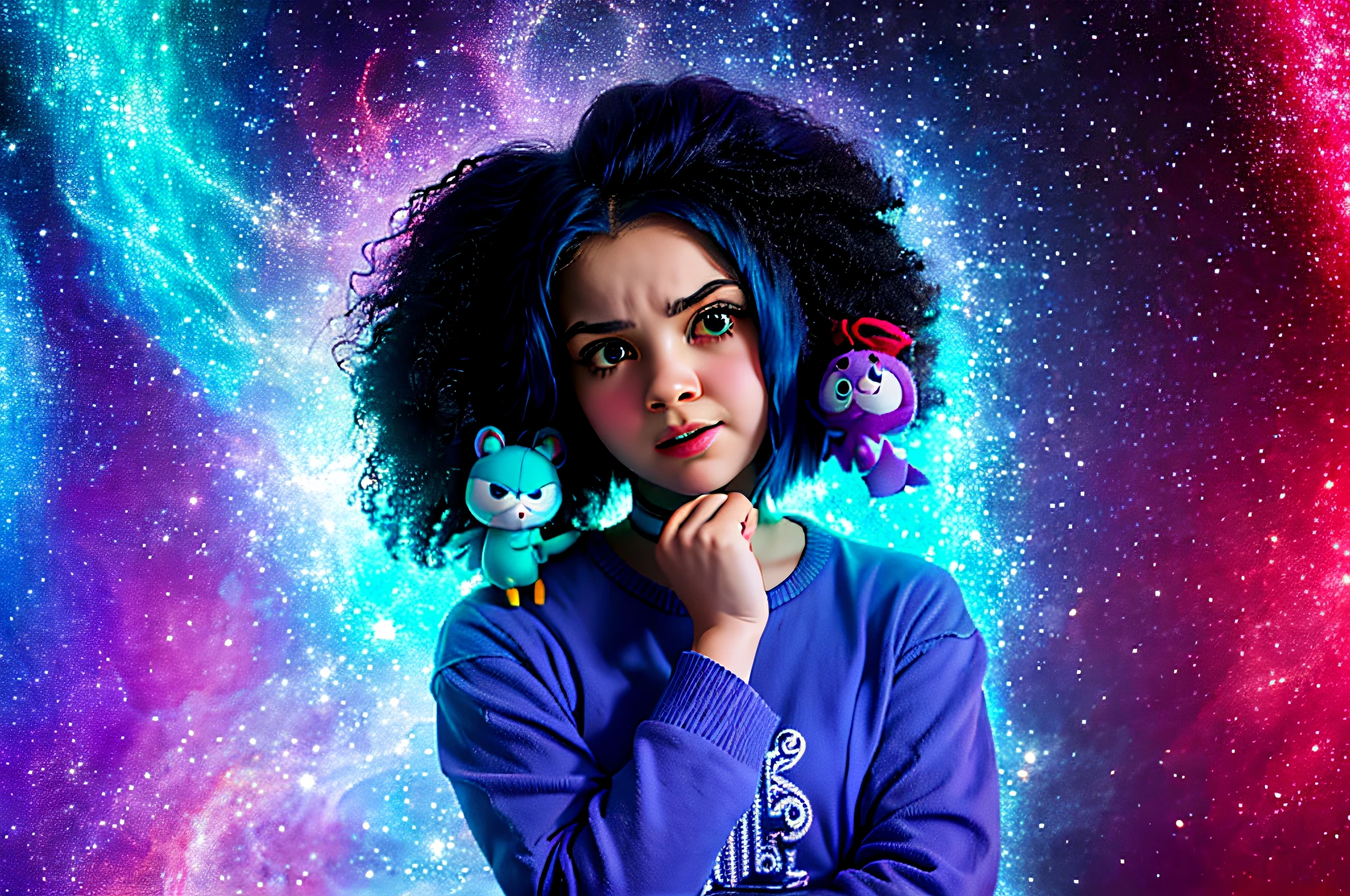 there is a young girl with a stuffed animal and a toy, toy commercial photo, little girl with magical powers, advertising photo, the woman holds more toys, little angry girl with blue hair, fish hooks, among us character, thoughtful ), thoughtful, she has a distant expression, confused expression, animation character, looking confused, cute fumo chibi plush imp, ad image