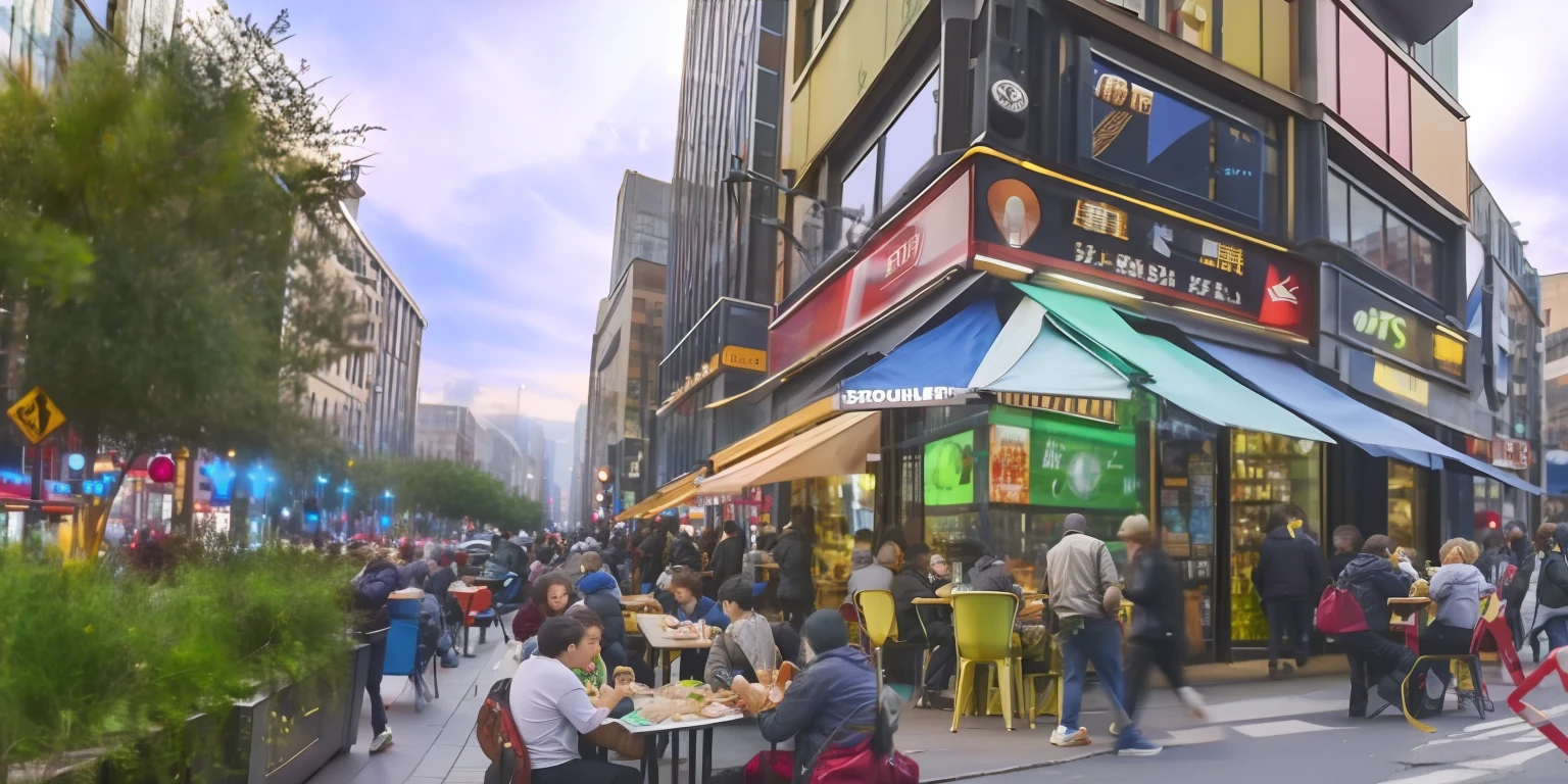 busy street，People sit at tables and eat, true realistic image,  Location shooting, hyper realisitc